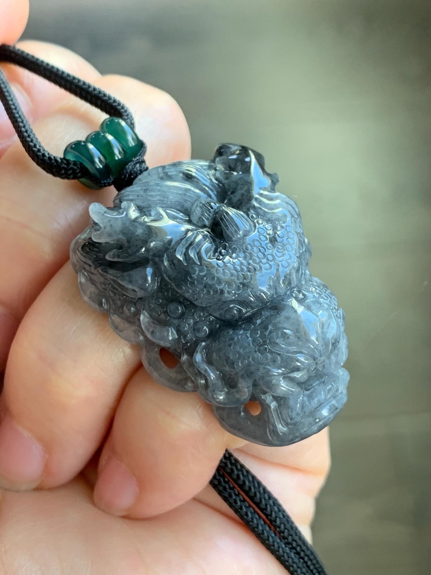 Natural Grade A Icy Translucent Wuji Jadeite Carved Dragon Head Wu Dao Enlightenment Pendant Rope Necklace 28" 29g 天然冰蓝乌鸡翡翠精工龙头吾道吊坠 MWJL220