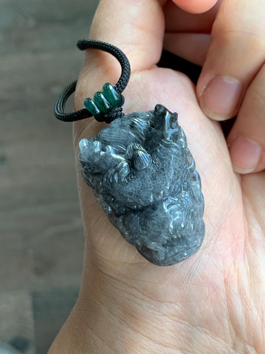 Natural Grade A Icy Translucent Wuji Jadeite Carved Dragon Head Wu Dao Enlightenment Pendant Rope Necklace 28" 29g 天然冰蓝乌鸡翡翠精工龙头吾道吊坠 MWJL220