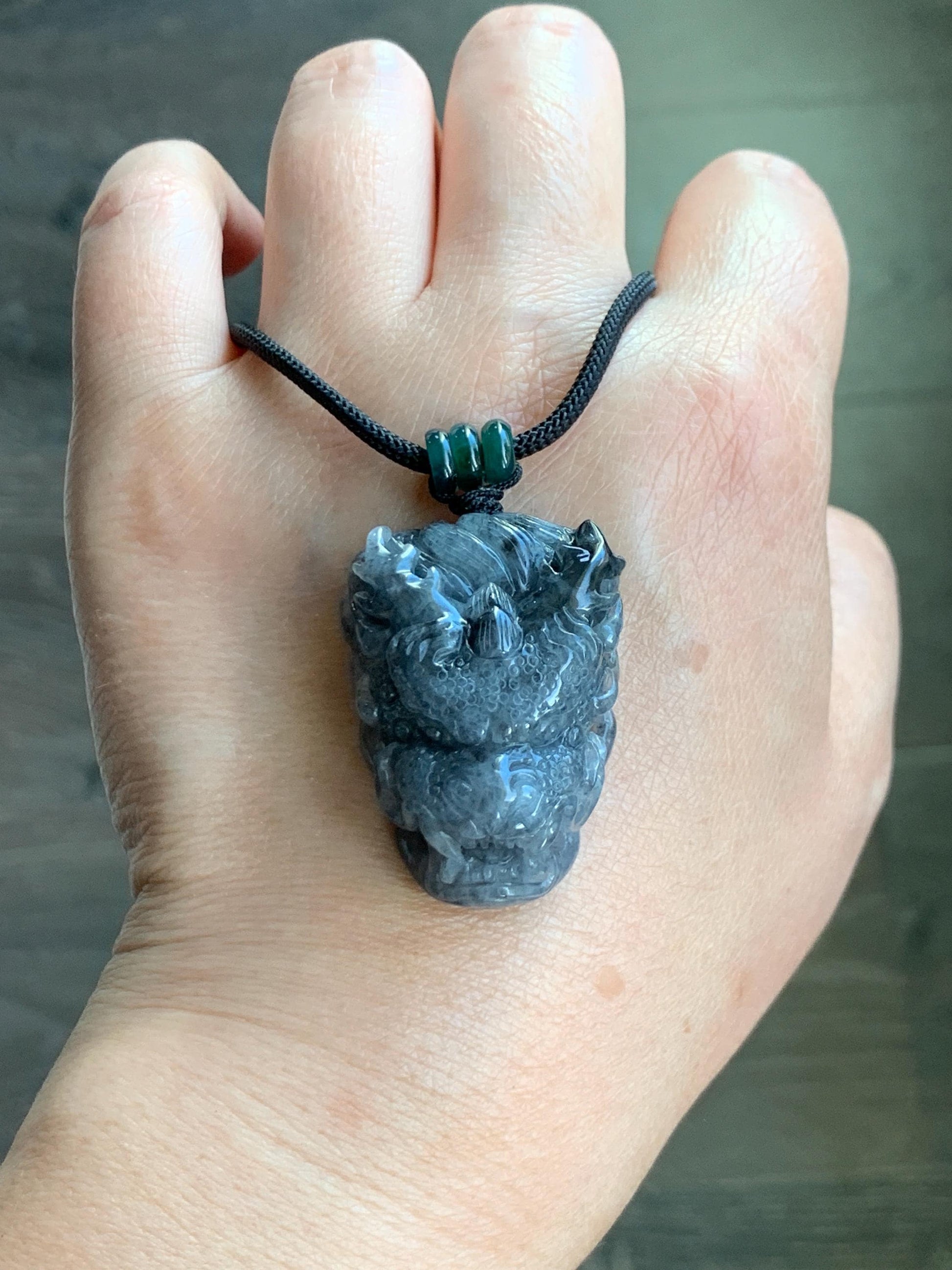 Natural Grade A Icy Translucent Wuji Jadeite Carved Dragon Head Wu Dao Enlightenment Pendant Rope Necklace 28" 29g 天然冰蓝乌鸡翡翠精工龙头吾道吊坠 MWJL220