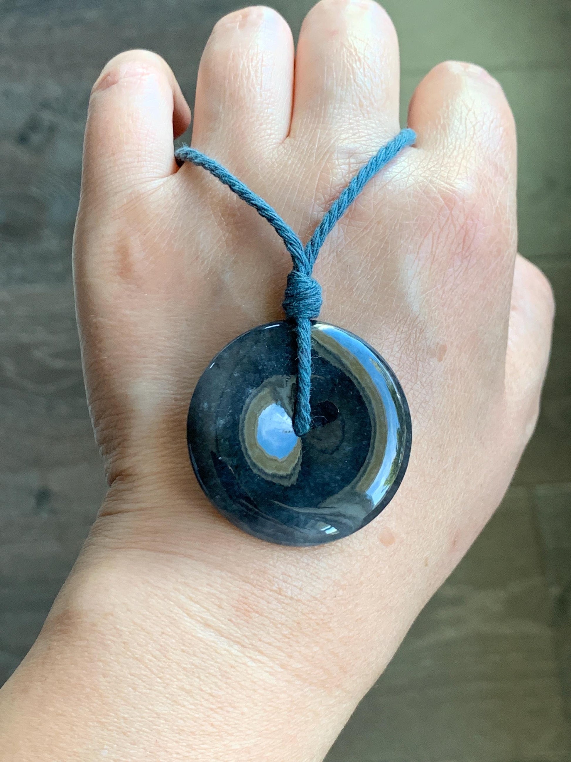 Natural Grade A Icy Translucent Wuji Jade Jadeite Large Ping An Kou Donut Pendant Rope Necklace 26” 18g 天然冰乌鸡翡翠平安扣吊坠 WJK145-B