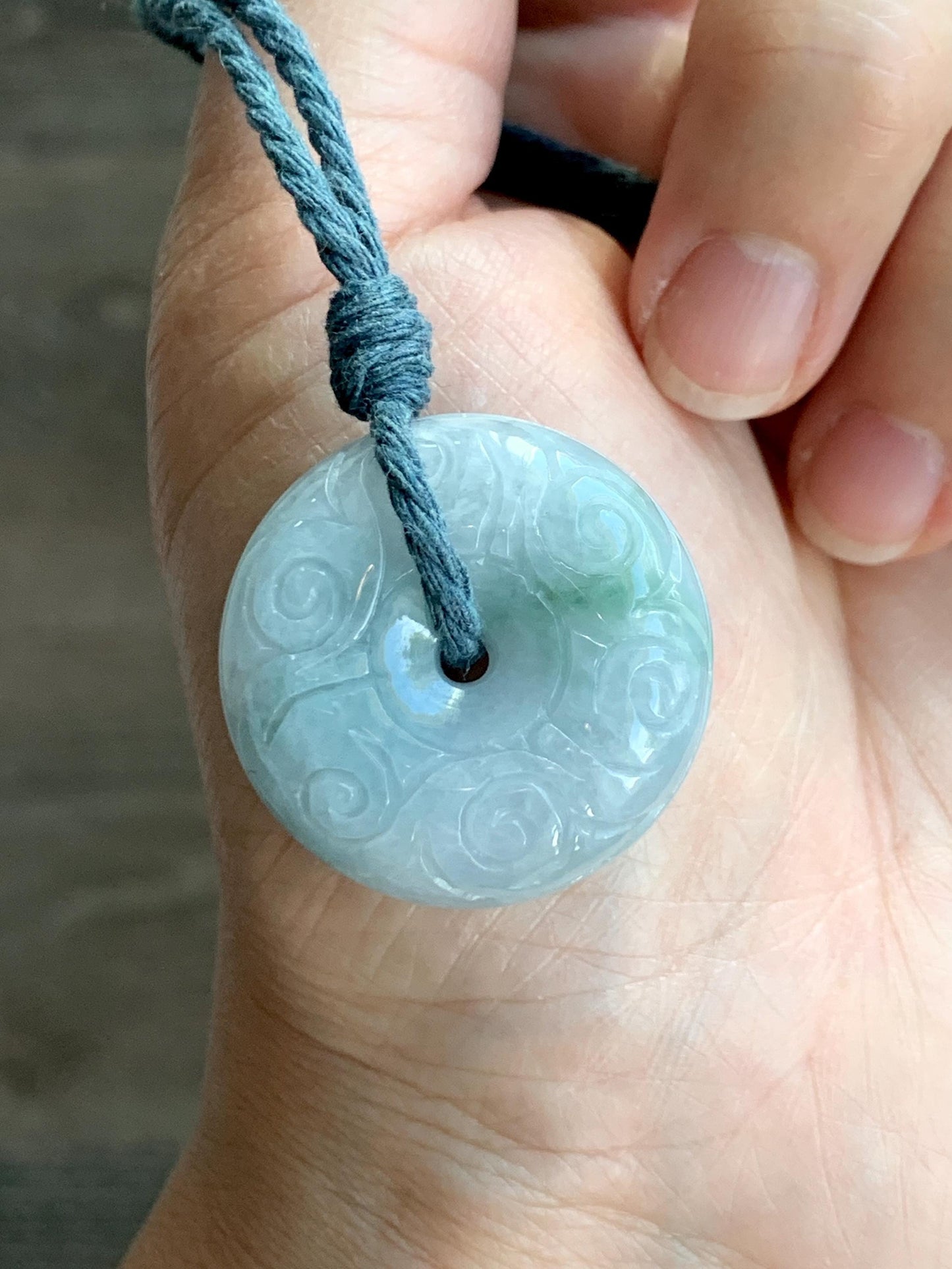 Natural Grade A Icy Translucent Pastel Blue Jade Jadeite Engraved Large Ping An Kou Donut Pendant Rope Necklace 25” 22g 天然淡蓝翡翠仿古雕平安扣吊坠 DLM66