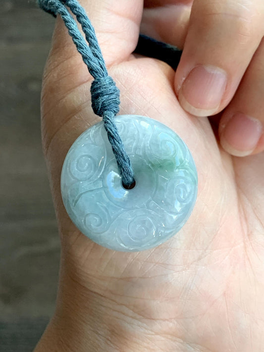 Natural Grade A Icy Translucent Pastel Blue Jade Jadeite Engraved Large Ping An Kou Donut Pendant Rope Necklace 25” 22g 天然淡蓝翡翠仿古雕平安扣吊坠 DLM66