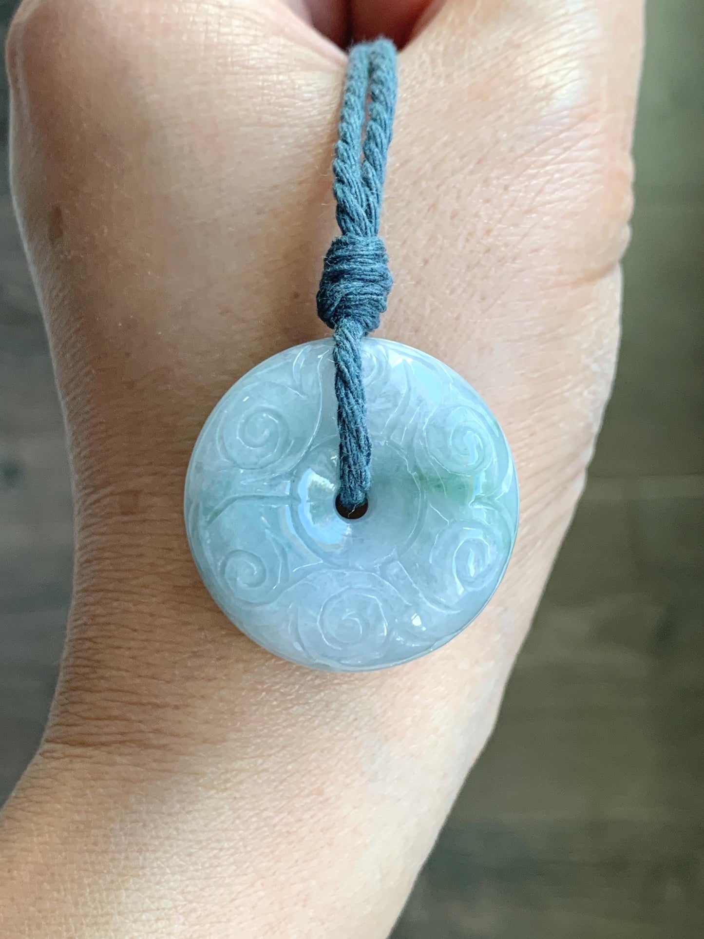 Natural Grade A Icy Translucent Pastel Blue Jade Jadeite Engraved Large Ping An Kou Donut Pendant Rope Necklace 25” 22g 天然淡蓝翡翠仿古雕平安扣吊坠 DLM66