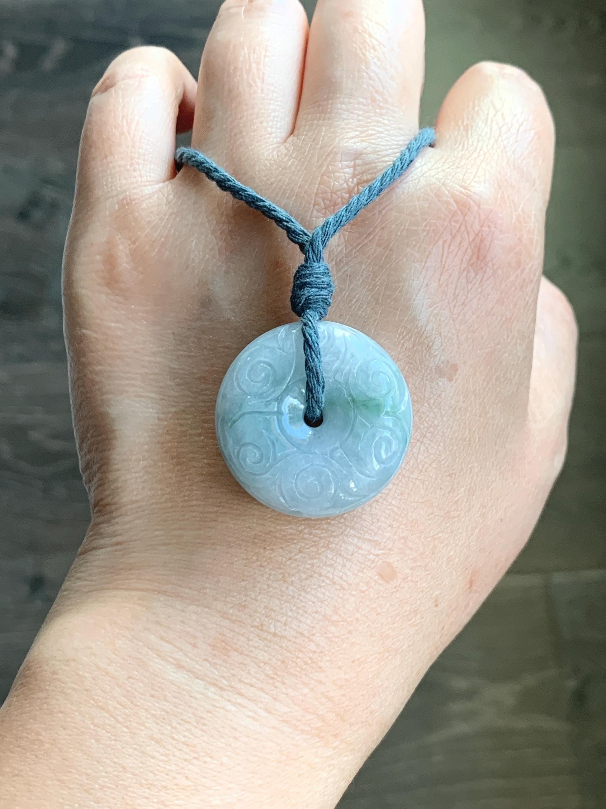 Natural Grade A Icy Translucent Pastel Blue Jade Jadeite Engraved Large Ping An Kou Donut Pendant Rope Necklace 25” 22g 天然淡蓝翡翠仿古雕平安扣吊坠 DLM66