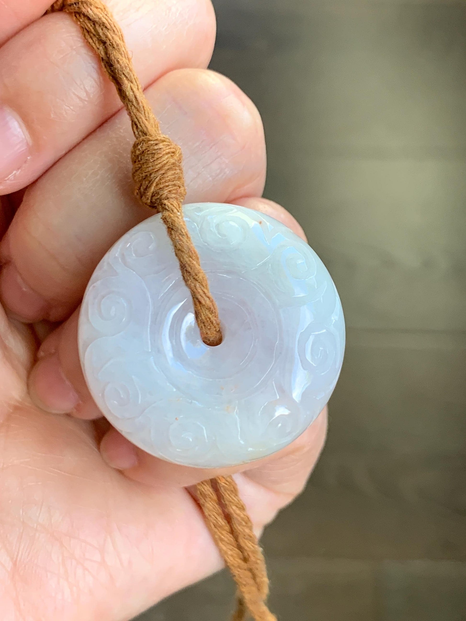 Natural Grade A Icy Translucent Yellow Marbled Jadeite Engraved Large Ping An Kou Donut Pendant Rope Necklace 26” 30g 天然撒金翡翠仿古雕平安扣吊坠 MSJ150