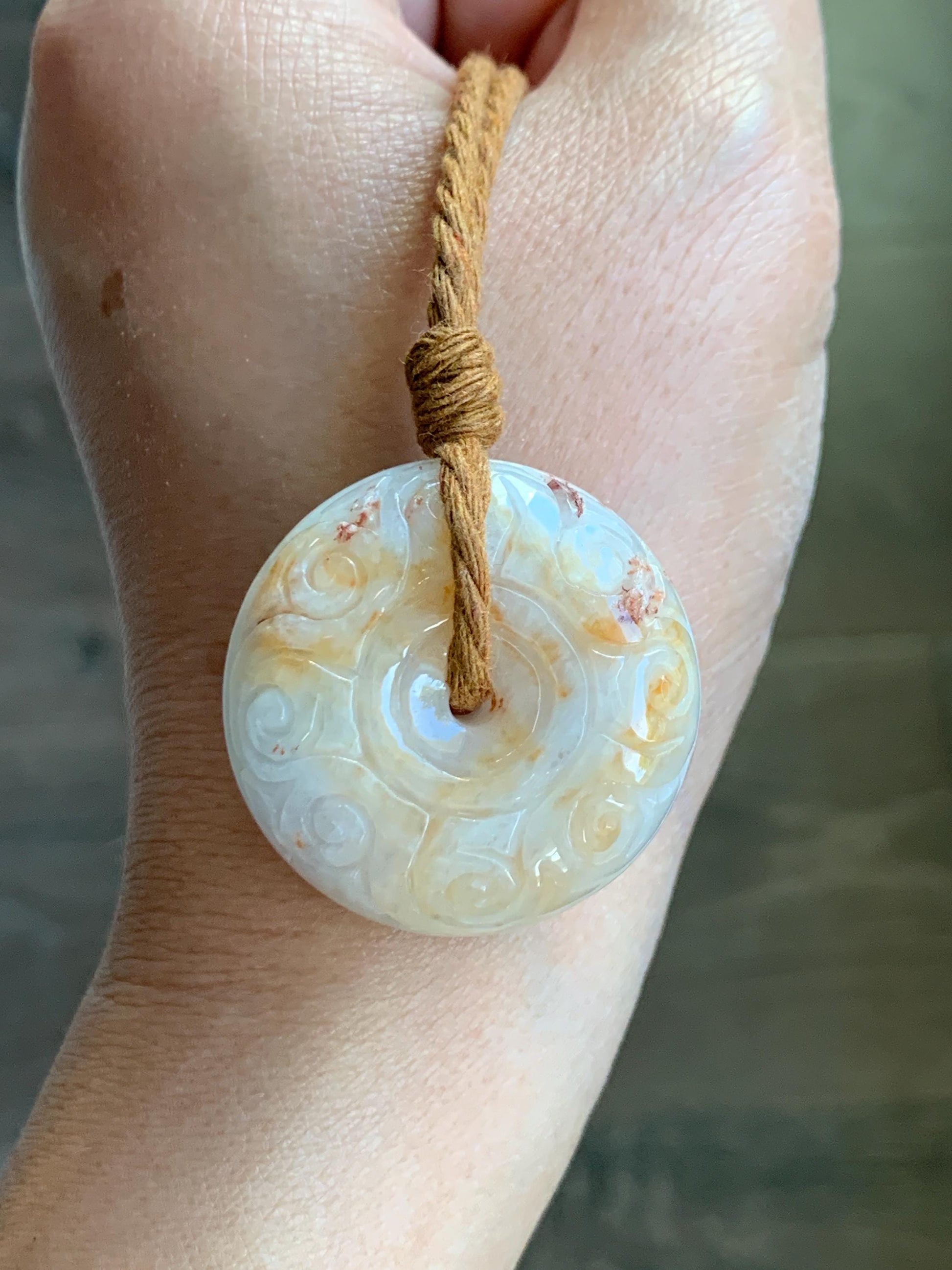 Natural Grade A Icy Translucent Yellow Marbled Jadeite Engraved Large Ping An Kou Donut Pendant Rope Necklace 26” 30g 天然撒金翡翠仿古雕平安扣吊坠 MSJ150
