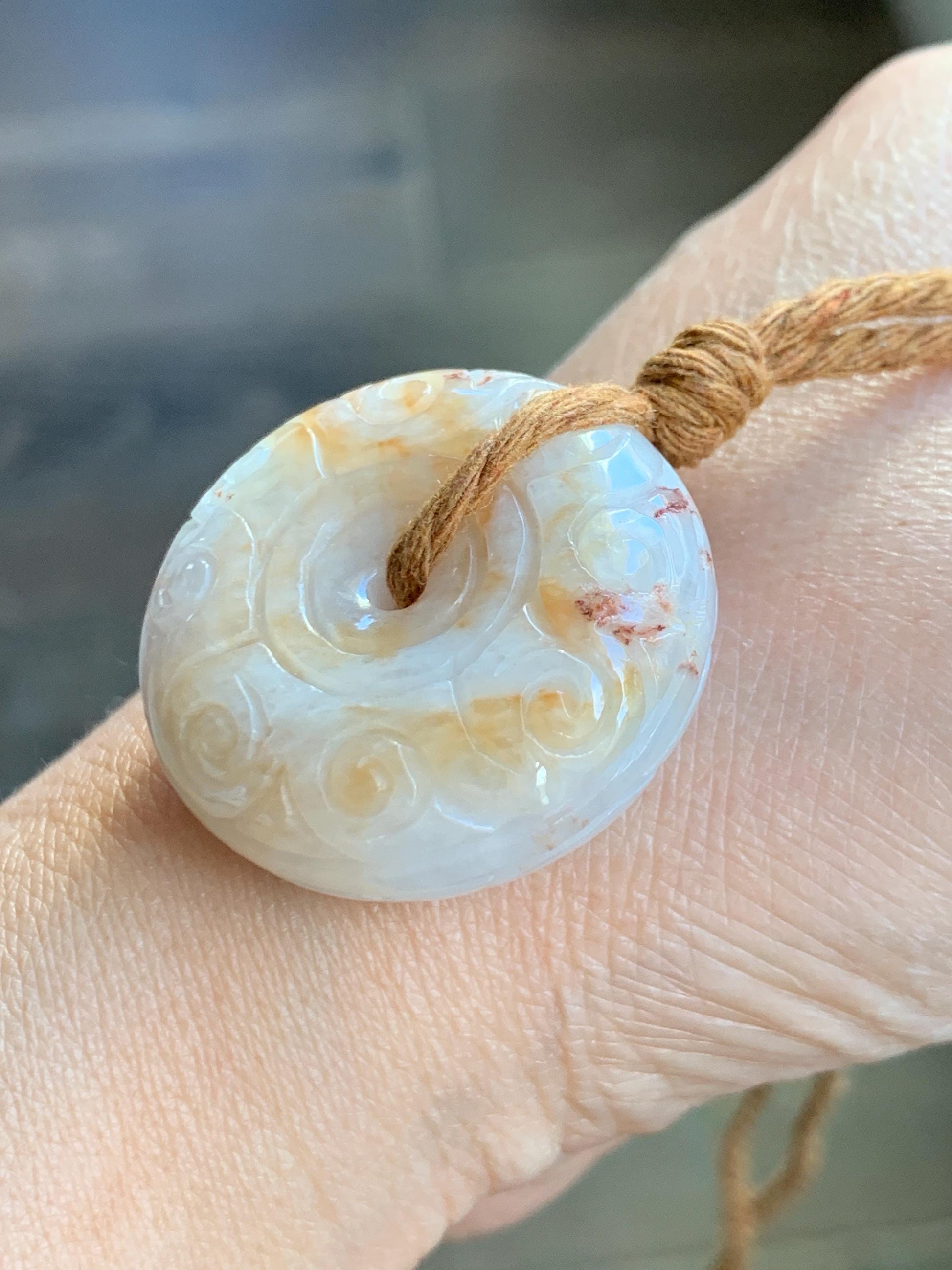 Natural Grade A Icy Translucent Yellow Marbled Jadeite Engraved Large Ping An Kou Donut Pendant Rope Necklace 26” 30g 天然撒金翡翠仿古雕平安扣吊坠 MSJ150