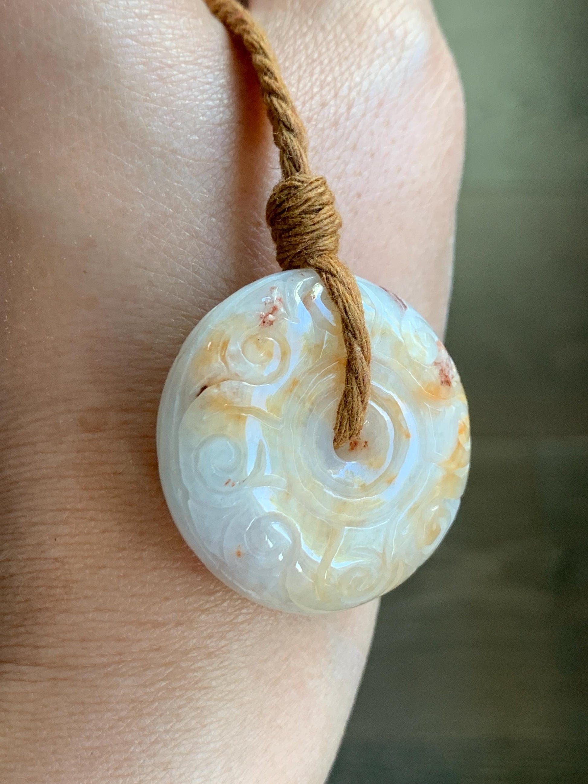 Natural Grade A Icy Translucent Yellow Marbled Jadeite Engraved Large Ping An Kou Donut Pendant Rope Necklace 26” 30g 天然撒金翡翠仿古雕平安扣吊坠 MSJ150