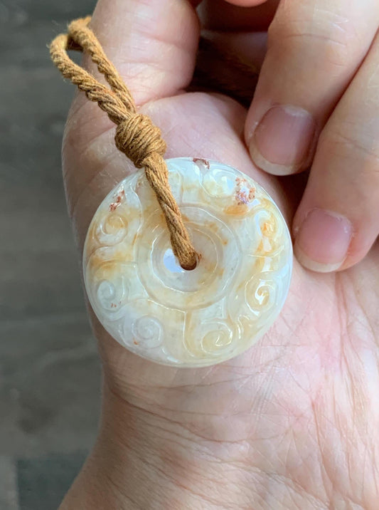 Natural Grade A Icy Translucent Yellow Marbled Jadeite Engraved Large Ping An Kou Donut Pendant Rope Necklace 26” 30g 天然撒金翡翠仿古雕平安扣吊坠 MSJ150