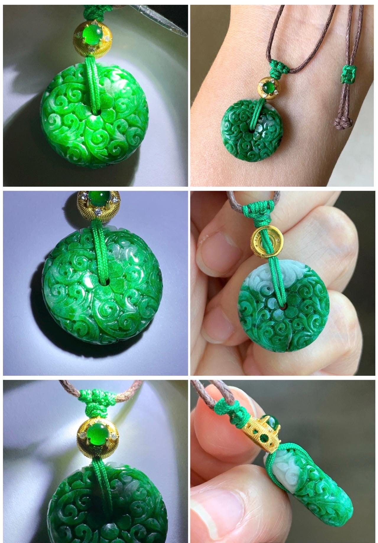 Certified Natural Grade A Icy Vibrant Hot Green Jade Jadeite Engraved Donut Ping An Kou Pendant Rope Necklace 5.72g 天然辣绿花青翡翠仿古雕平安扣吊坠 3903