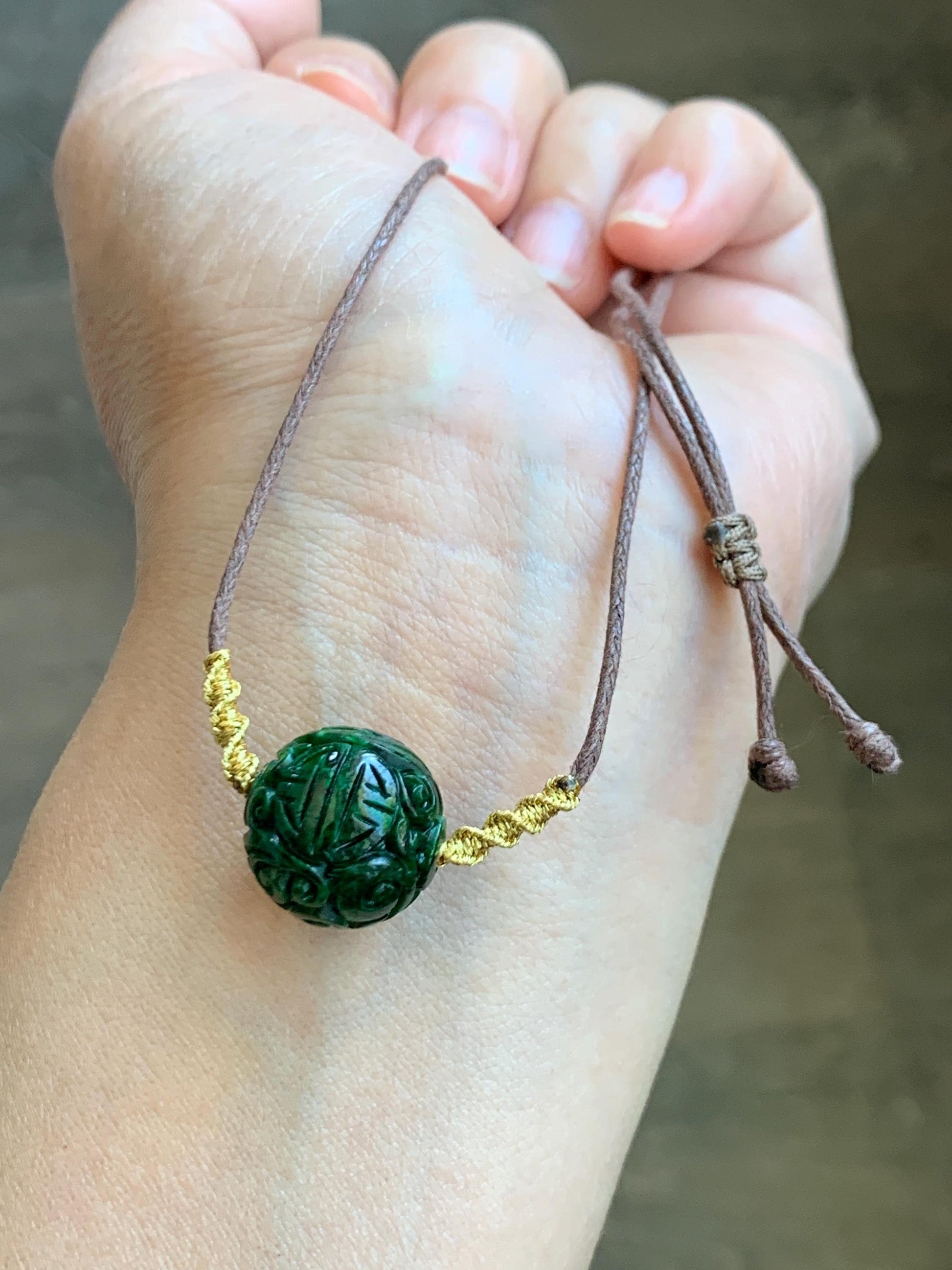 Certified Natural Grade A Icy Green Jade Jadeite Engraved Bead Sphere Pendant Rope Necklace Adjustable 25” 5.69g 天然绿花青翡翠仿古雕单珠吊坠 2642
