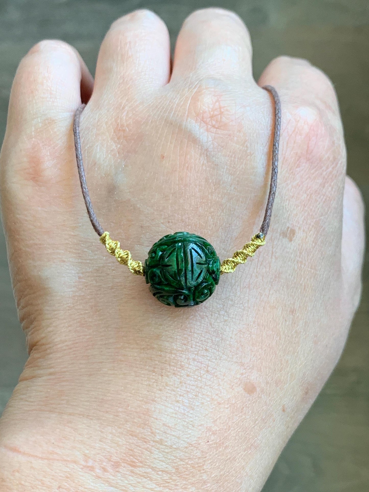 Certified Natural Grade A Icy Green Jade Jadeite Engraved Bead Sphere Pendant Rope Necklace Adjustable 25” 5.69g 天然绿花青翡翠仿古雕单珠吊坠 2642
