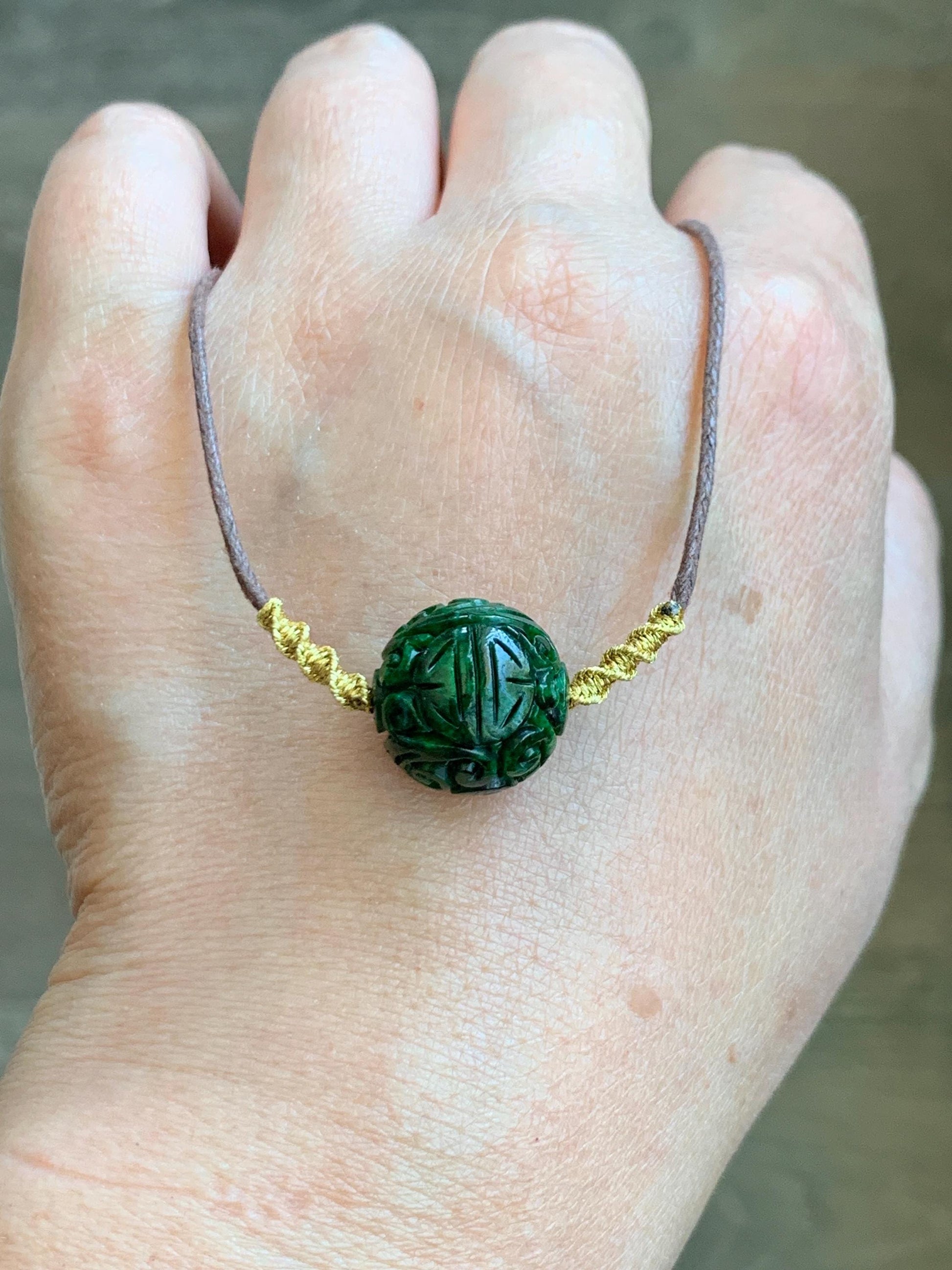 Certified Natural Grade A Icy Green Jade Jadeite Engraved Bead Sphere Pendant Rope Necklace Adjustable 25” 5.69g 天然绿花青翡翠仿古雕单珠吊坠 2642