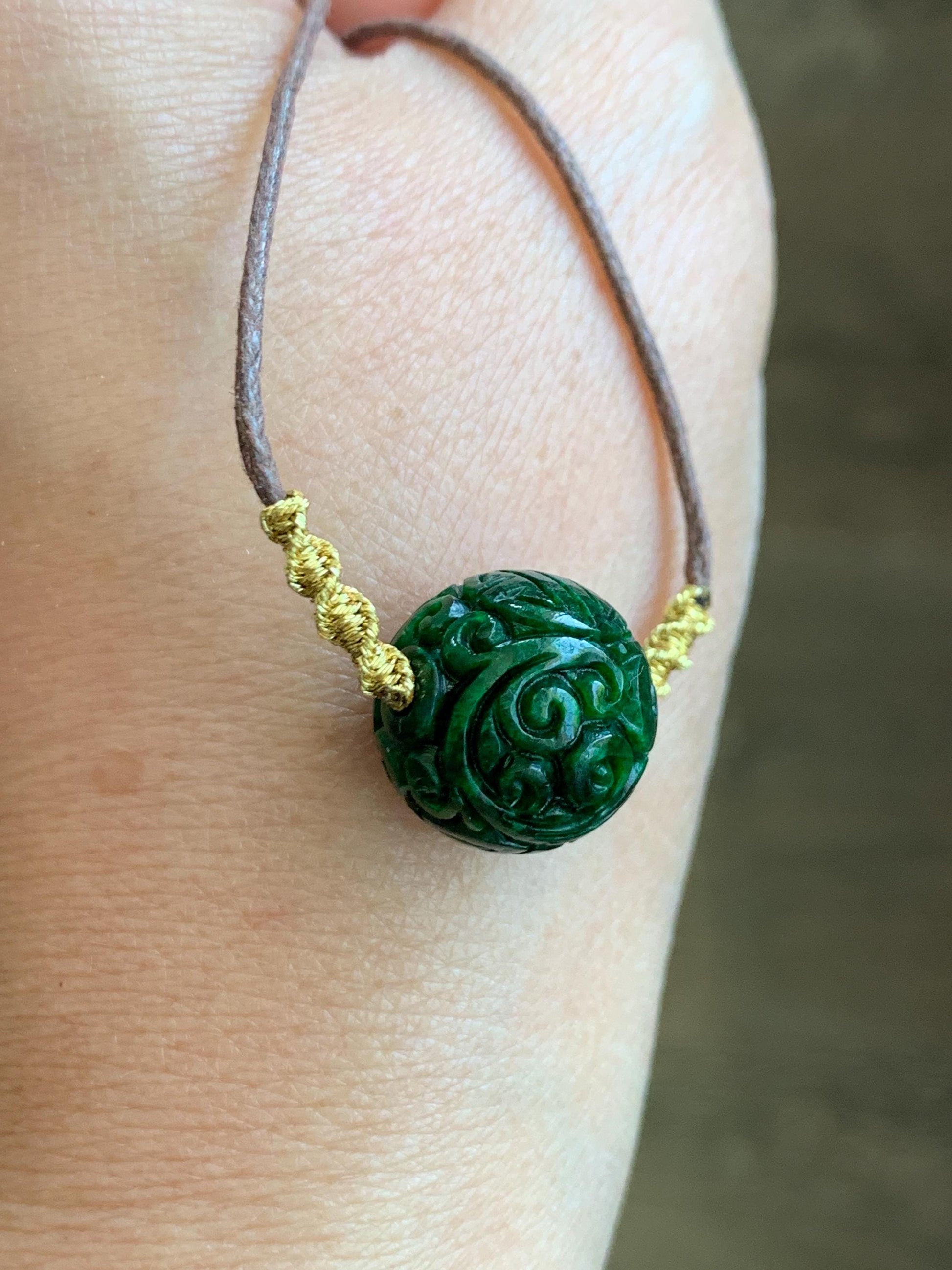 Certified Natural Grade A Icy Green Jade Jadeite Engraved Bead Sphere Pendant Rope Necklace Adjustable 25” 5.69g 天然绿花青翡翠仿古雕单珠吊坠 2642