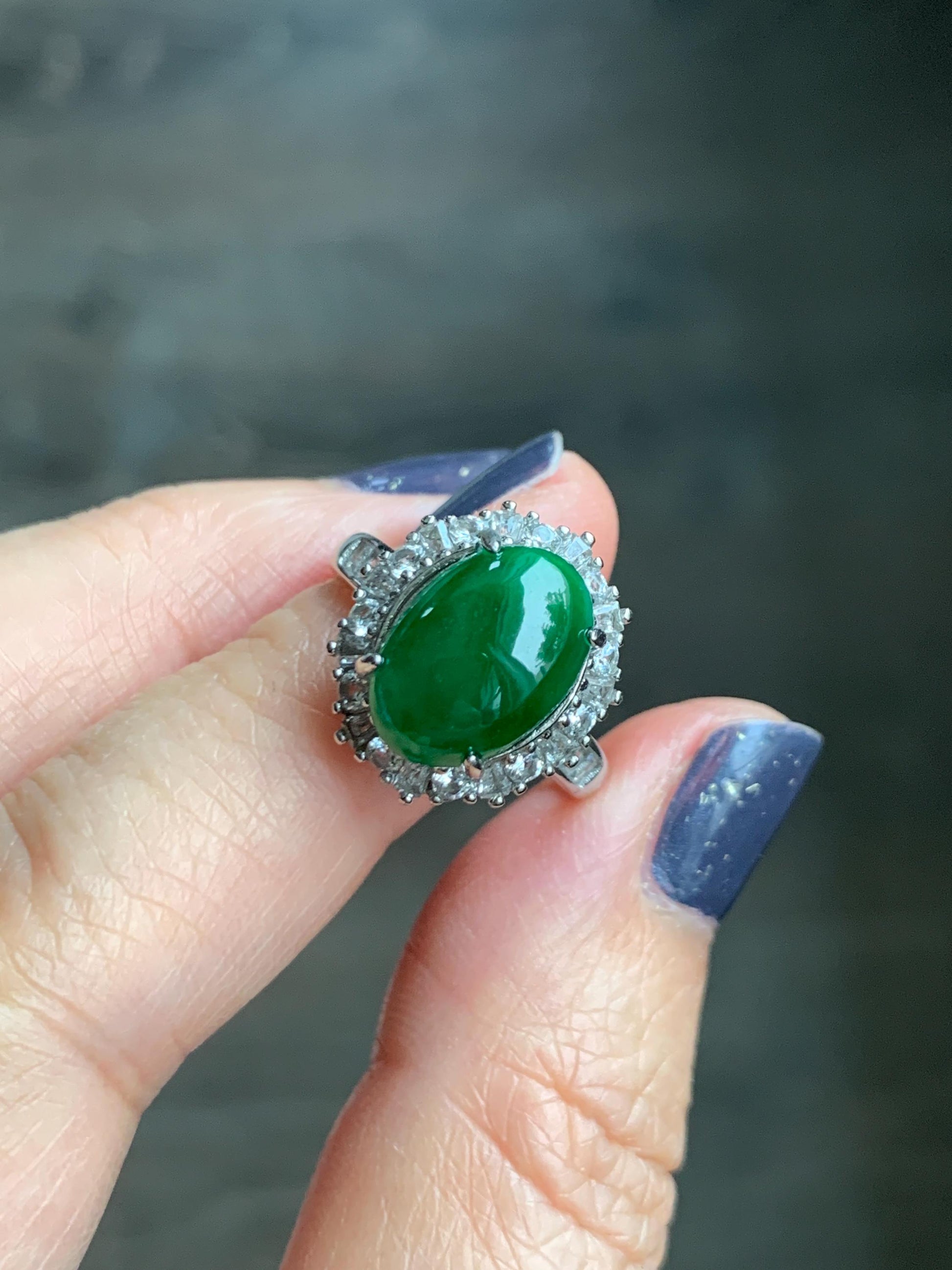 Certified Natural Grade A Guatemalan Icy Translucent Vibrant Green Oval Jade Jadeite Ring Sterling Silver Size Adjustable 天然冰危绿翡翠蛋面银镶戒指 9440