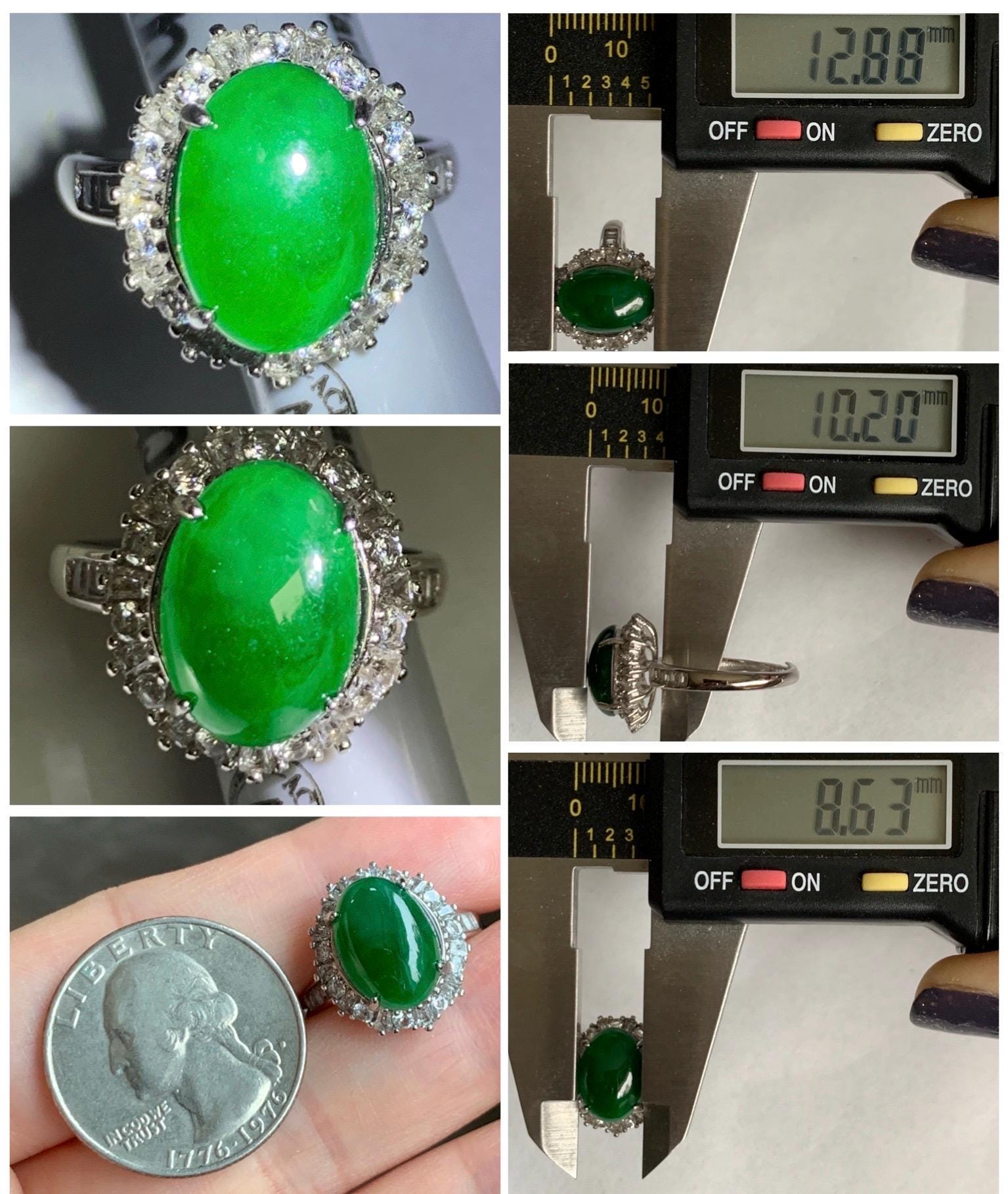 Certified Natural Grade A Guatemalan Icy Translucent Vibrant Green Oval Jade Jadeite Ring Sterling Silver Size Adjustable 天然冰危绿翡翠蛋面银镶戒指 9440