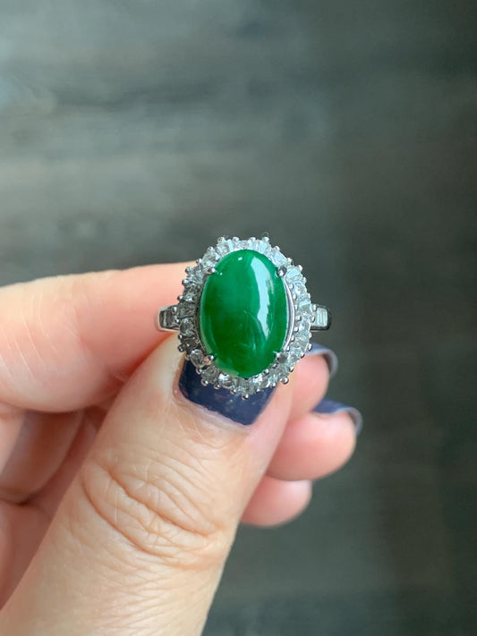 Certified Natural Grade A Guatemalan Icy Translucent Vibrant Green Oval Jade Jadeite Ring Sterling Silver Size Adjustable 天然冰危绿翡翠蛋面银镶戒指 9440