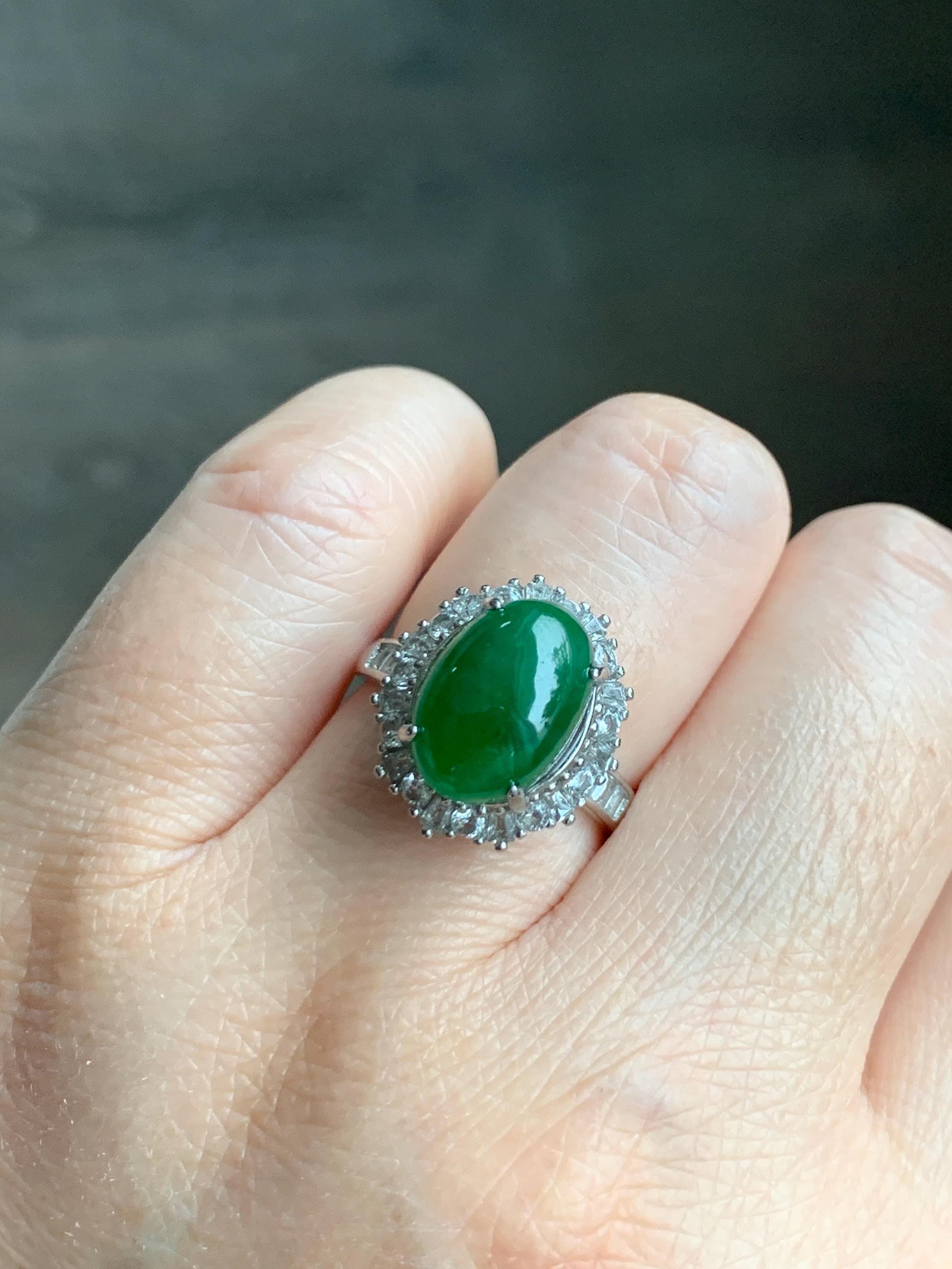 Certified Natural Grade A Guatemalan Icy Translucent Vibrant Green Oval Jade Jadeite Ring Sterling Silver Size Adjustable 天然冰危绿翡翠蛋面银镶戒指 9440