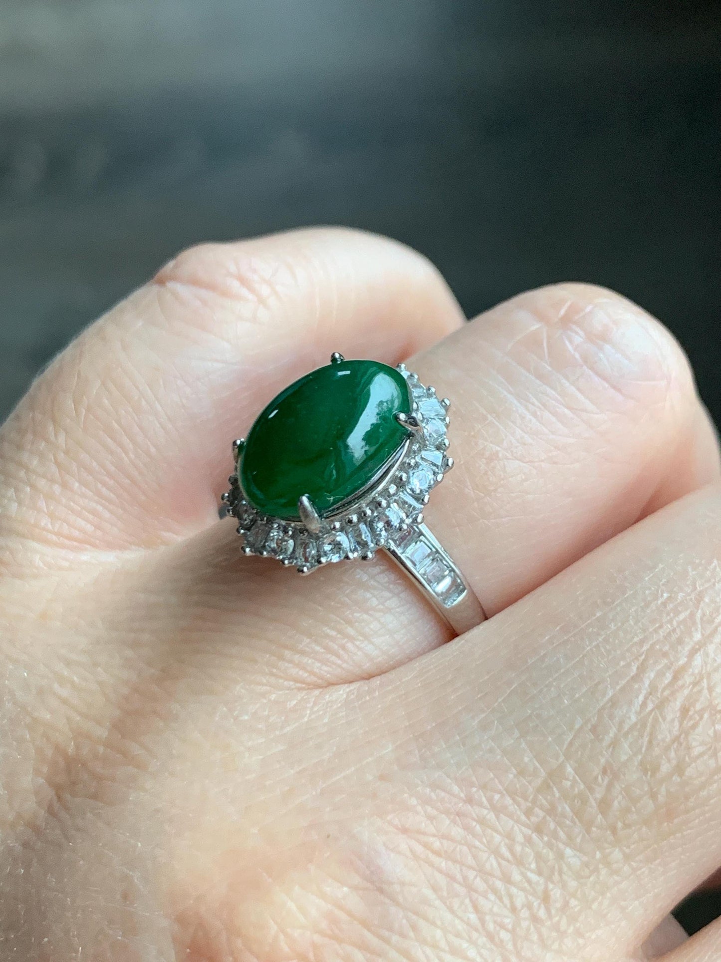 Certified Natural Grade A Guatemalan Icy Translucent Vibrant Green Oval Jade Jadeite Ring Sterling Silver Size Adjustable 天然冰危绿翡翠蛋面银镶戒指 9440