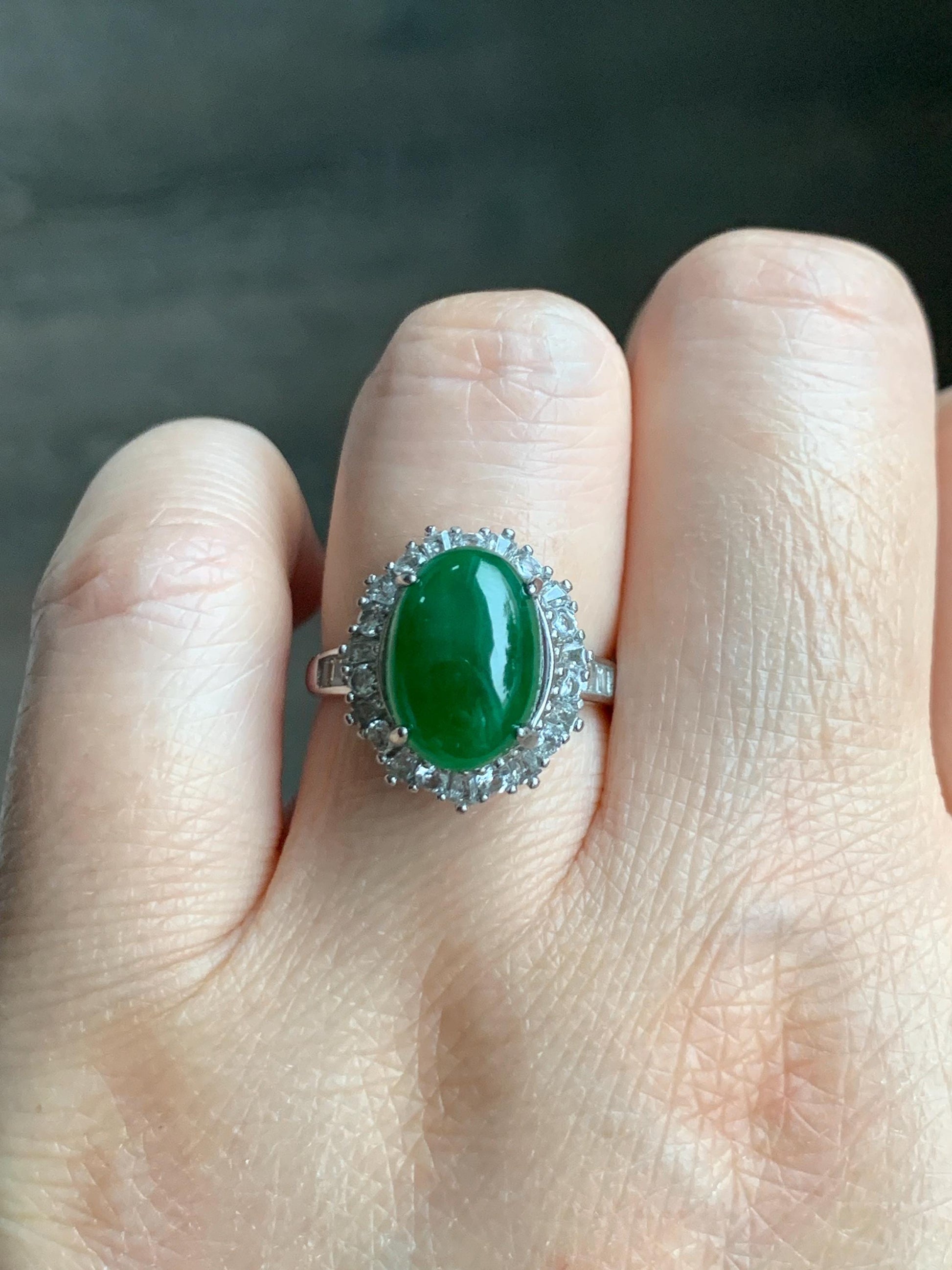 Certified Natural Grade A Guatemalan Icy Translucent Vibrant Green Oval Jade Jadeite Ring Sterling Silver Size Adjustable 天然冰危绿翡翠蛋面银镶戒指 9440