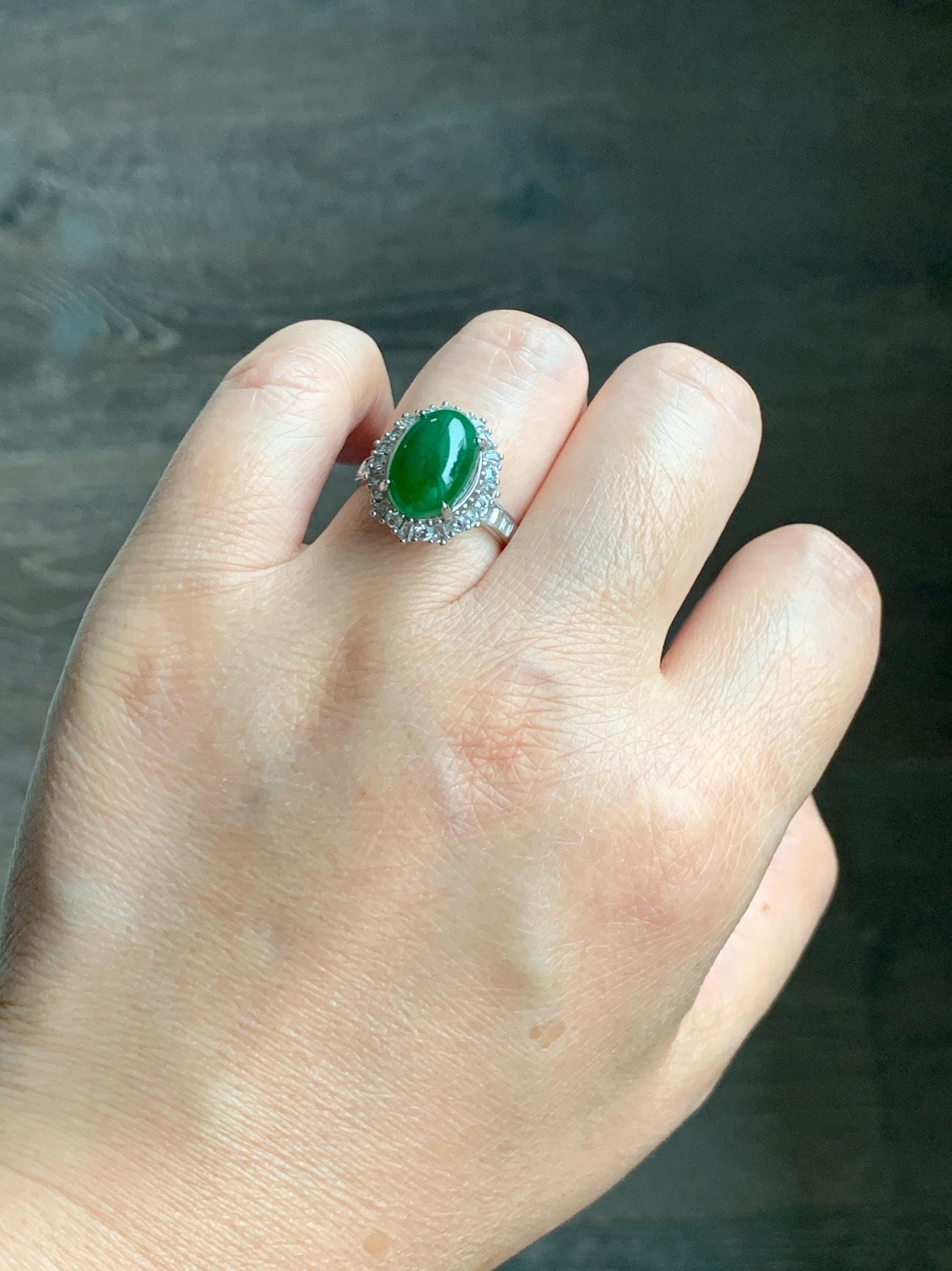 Certified Natural Grade A Guatemalan Icy Translucent Vibrant Green Oval Jade Jadeite Ring Sterling Silver Size Adjustable 天然冰危绿翡翠蛋面银镶戒指 9440
