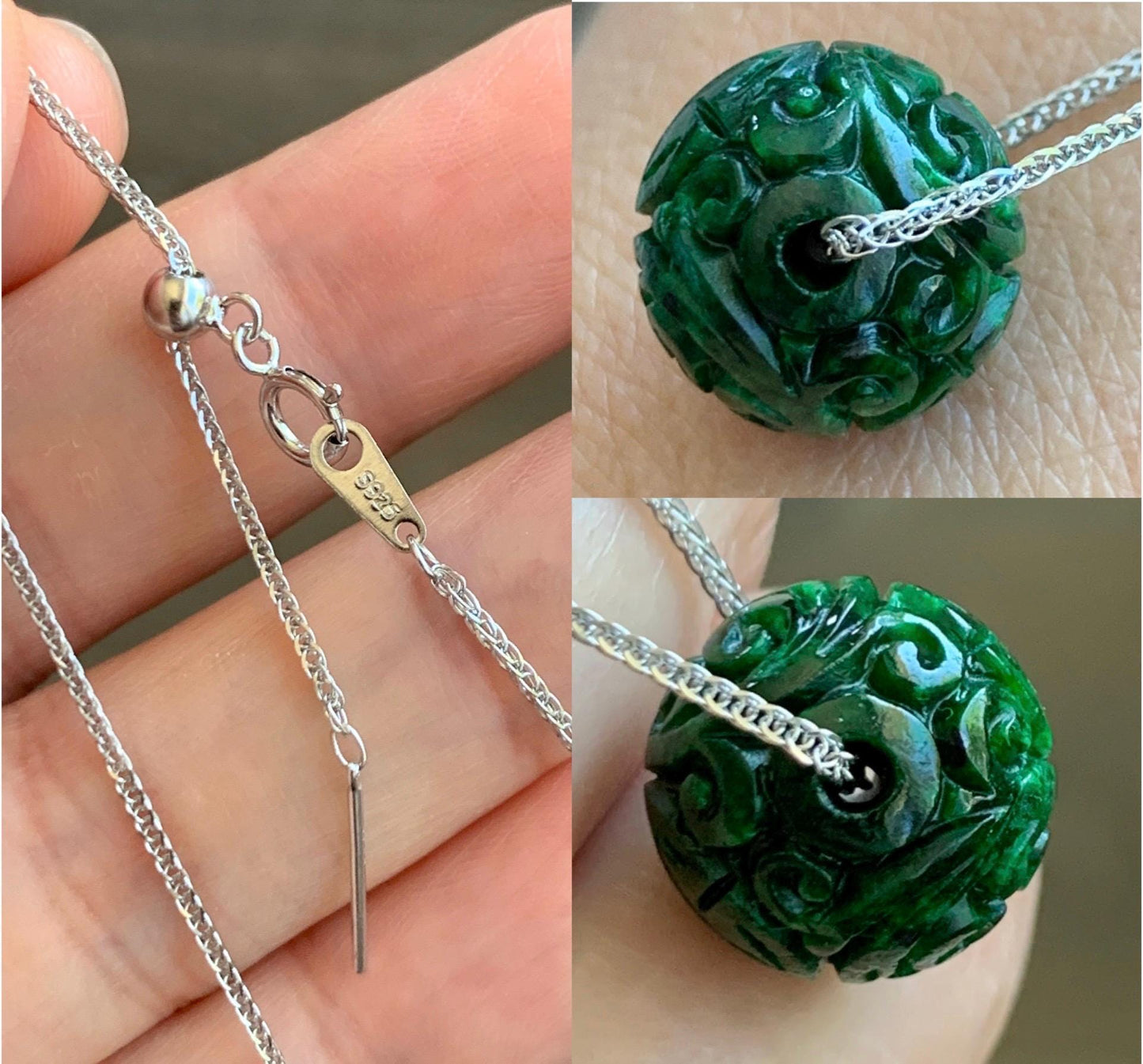 Certified Natural Grade A Icy Green Jade Jadeite Engraved Bead Sphere Pendant Sterling Silver Necklace Adjustable 17” 天然绿花青翡翠仿古雕单珠吊坠 2641