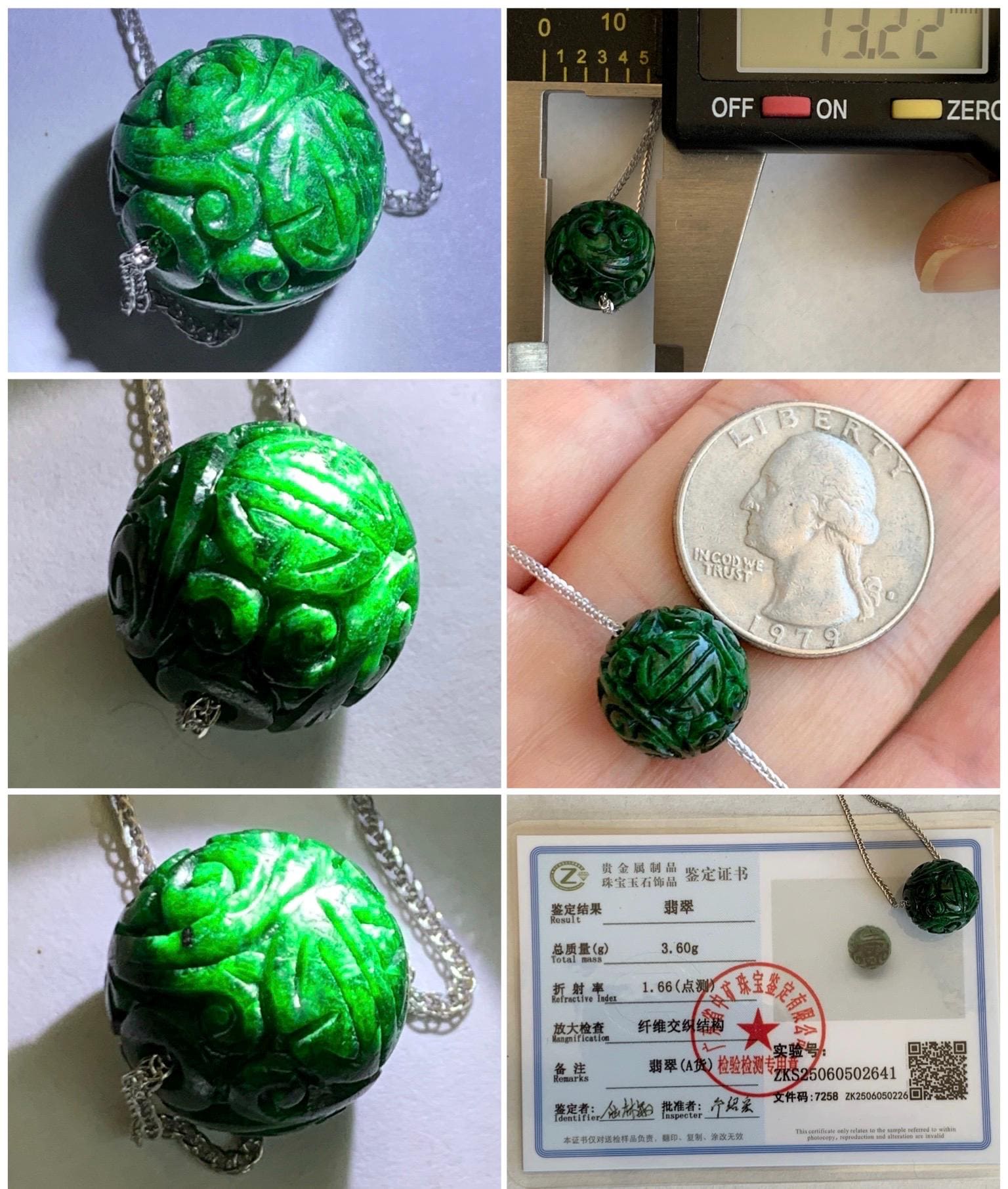 Certified Natural Grade A Icy Green Jade Jadeite Engraved Bead Sphere Pendant Sterling Silver Necklace Adjustable 17” 天然绿花青翡翠仿古雕单珠吊坠 2641