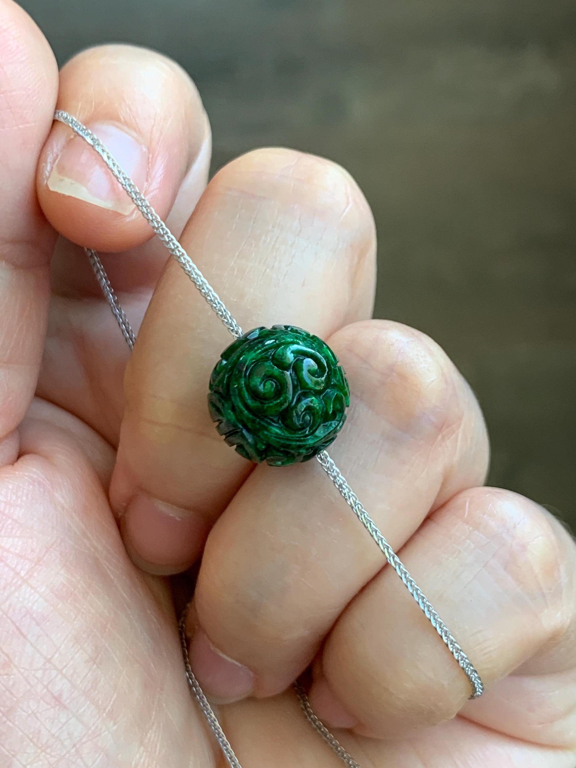Certified Natural Grade A Icy Green Jade Jadeite Engraved Bead Sphere Pendant Sterling Silver Necklace Adjustable 17” 天然绿花青翡翠仿古雕单珠吊坠 2641