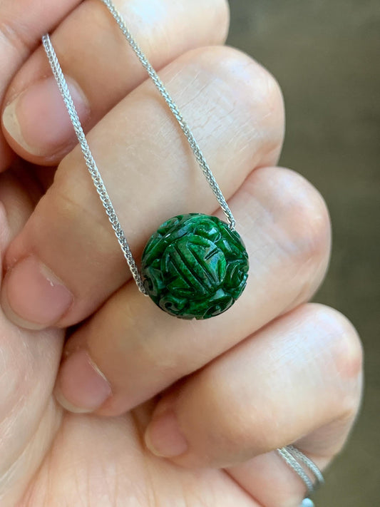 Certified Natural Grade A Icy Green Jade Jadeite Engraved Bead Sphere Pendant Sterling Silver Necklace Adjustable 17” 天然绿花青翡翠仿古雕单珠吊坠 2641