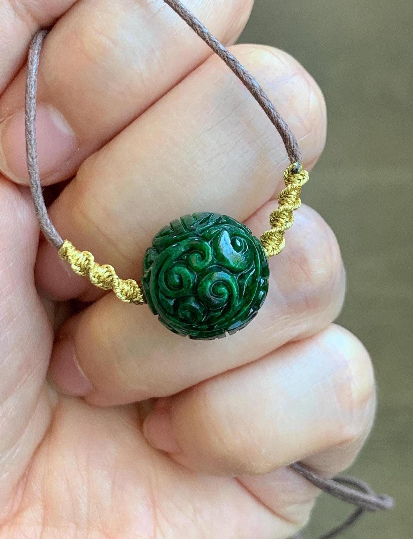 Certified Natural Grade A Icy Green Jade Jadeite Engraved Bead Sphere Pendant Rope Necklace Adjustable 25” 5.69g 天然绿花青翡翠仿古雕单珠吊坠 2642