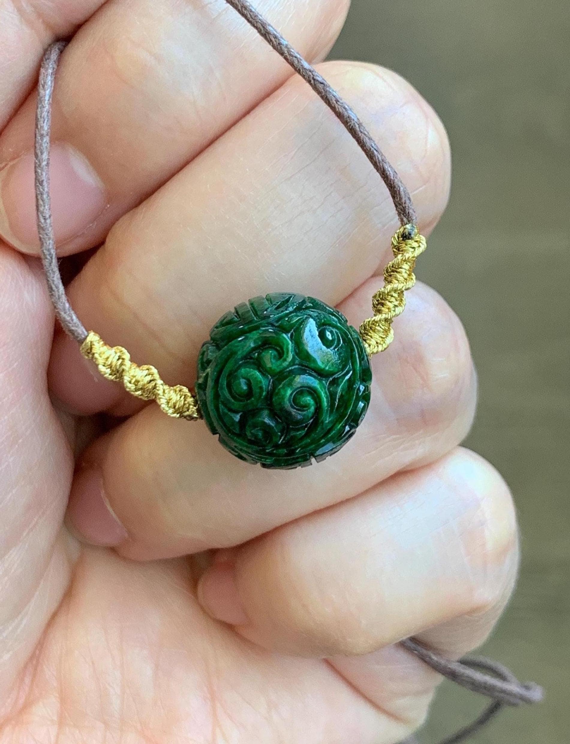 Certified Natural Grade A Icy Green Jade Jadeite Engraved Bead Sphere Pendant Rope Necklace Adjustable 25” 5.69g 天然绿花青翡翠仿古雕单珠吊坠 2642