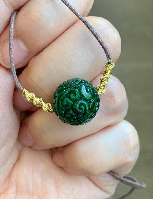 Certified Natural Grade A Icy Green Jade Jadeite Engraved Bead Sphere Pendant Rope Necklace Adjustable 25” 5.69g 天然绿花青翡翠仿古雕单珠吊坠 2642