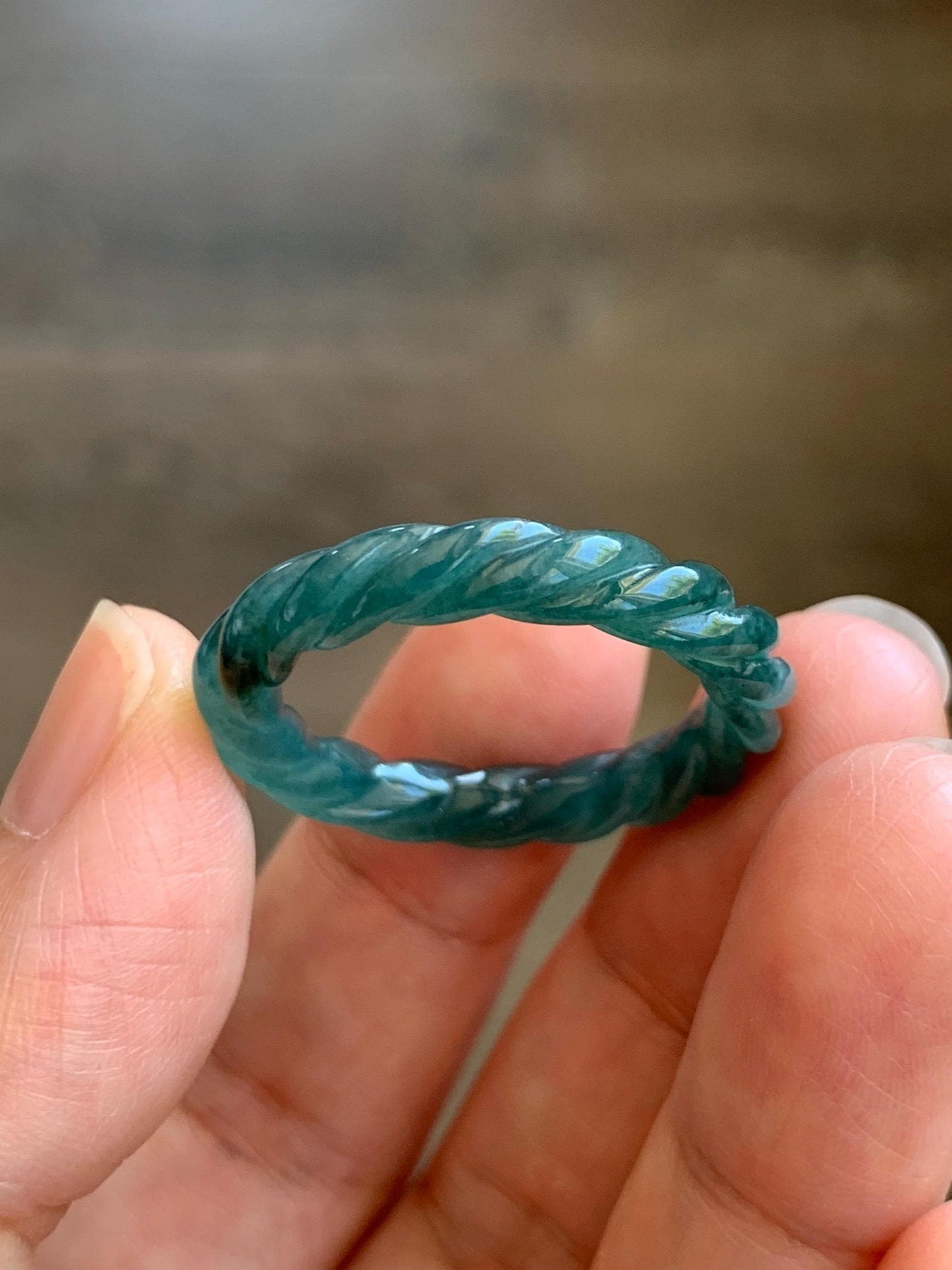 Natural Grade A Guatemalan Icy Translucent Gelatinous Dark Teal Blue Jadeite Carved Braid Band Ring Size 11.5 US 3g 天然冰胶危蓝水翡翠麻花戒圈 WMH60C