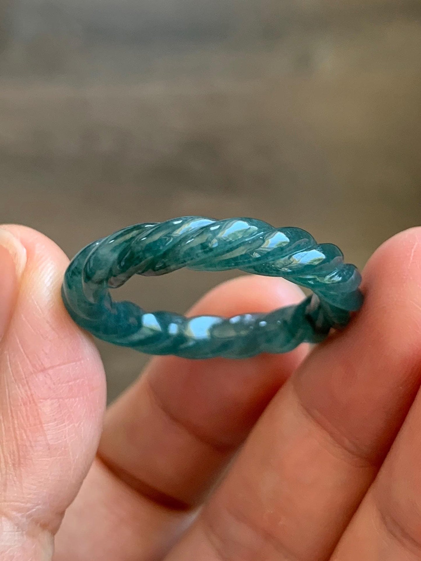 Natural Grade A Guatemalan Icy Translucent Gelatinous Dark Teal Blue Jadeite Carved Braid Band Ring Size 11.25 US 4g 天然冰胶危蓝水翡翠麻花戒圈 WMH60B
