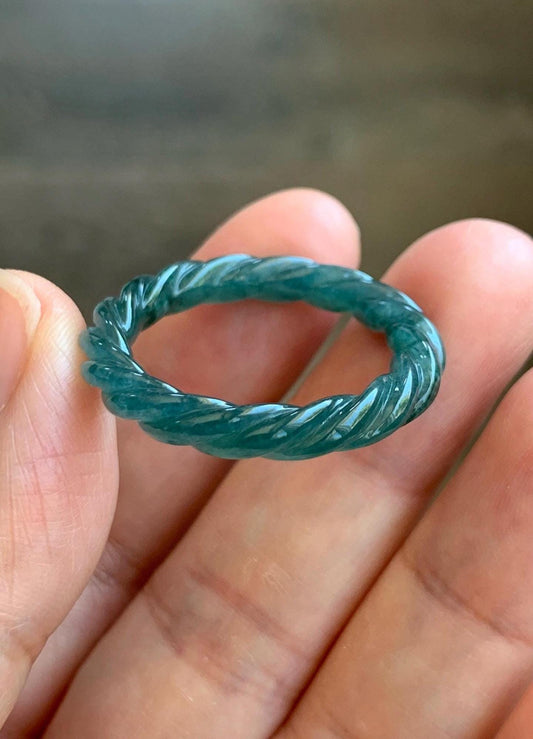 Natural Grade A Guatemalan Icy Translucent Gelatinous Dark Teal Blue Jadeite Carved Braid Band Ring Size 11.5 US 3g 天然冰胶危蓝水翡翠麻花戒圈 WMH60C