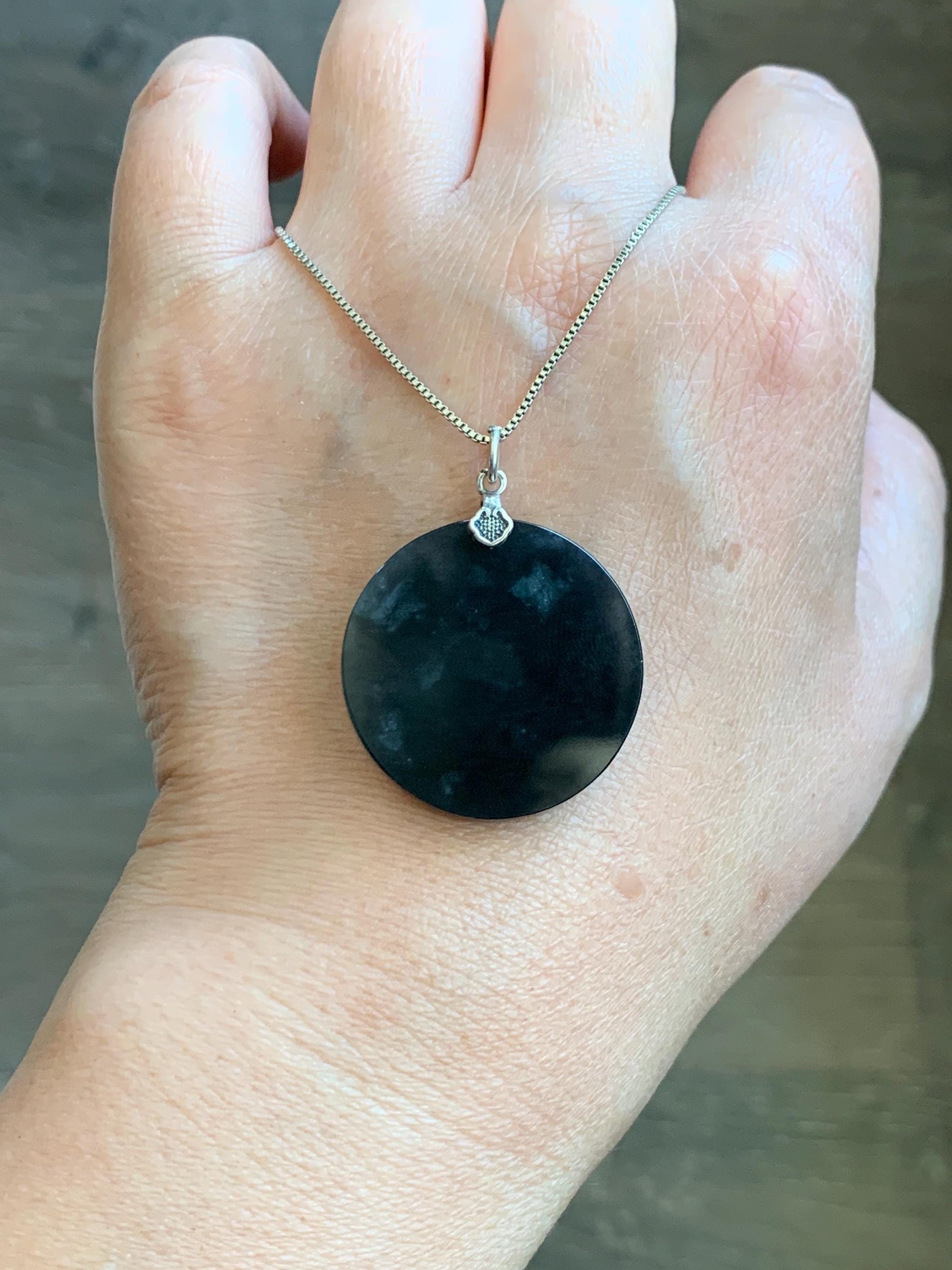 Natural Grade A Guatemalan Icy Highly Translucent Wuji Jadeite Round Disc Wu Shi Pai Amulet Pendant Sterling Silver 8g 天然冰危乌鸡翡翠无事牌吊坠 WWJ-R