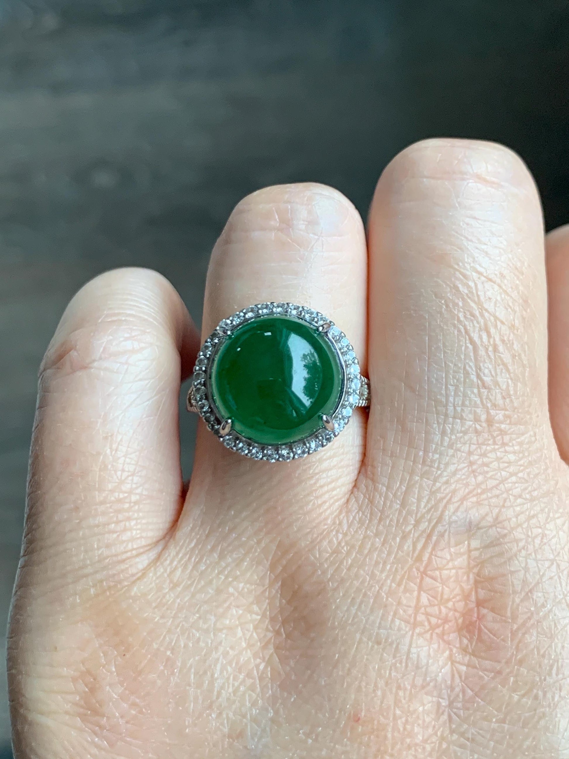 Certified Natural Grade A Guatemalan Icy Translucent Vibrant Green Round Jade Jadeite Ring Sterling Silver Size Adjustable 天然冰危绿翡翠蛋面戒指 9439