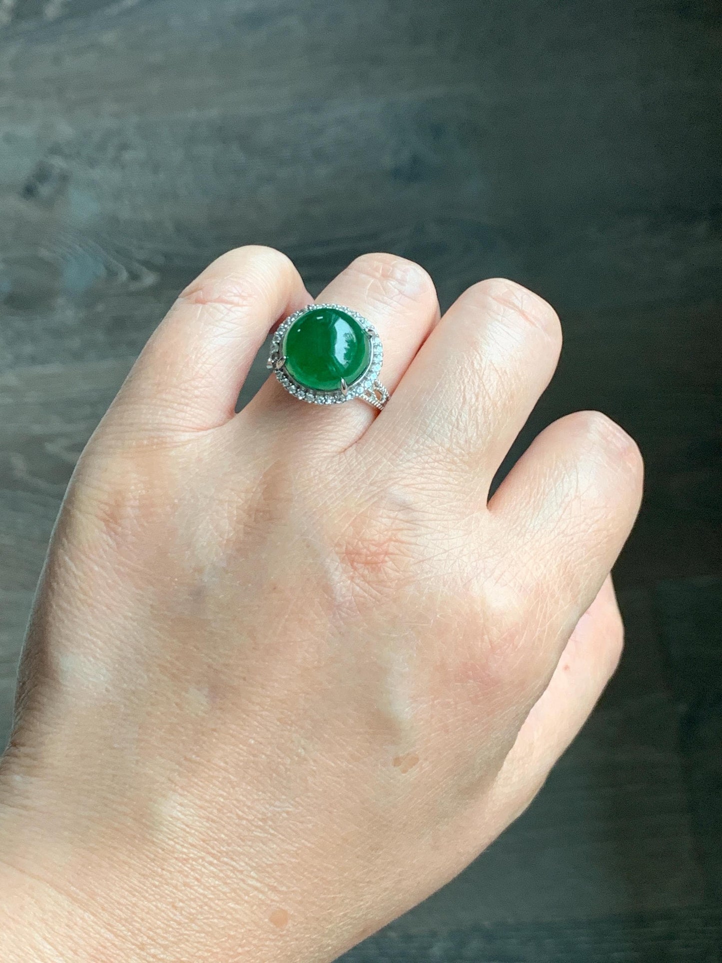 Certified Natural Grade A Guatemalan Icy Translucent Vibrant Green Round Jade Jadeite Ring Sterling Silver Size Adjustable 天然冰危绿翡翠蛋面戒指 9439