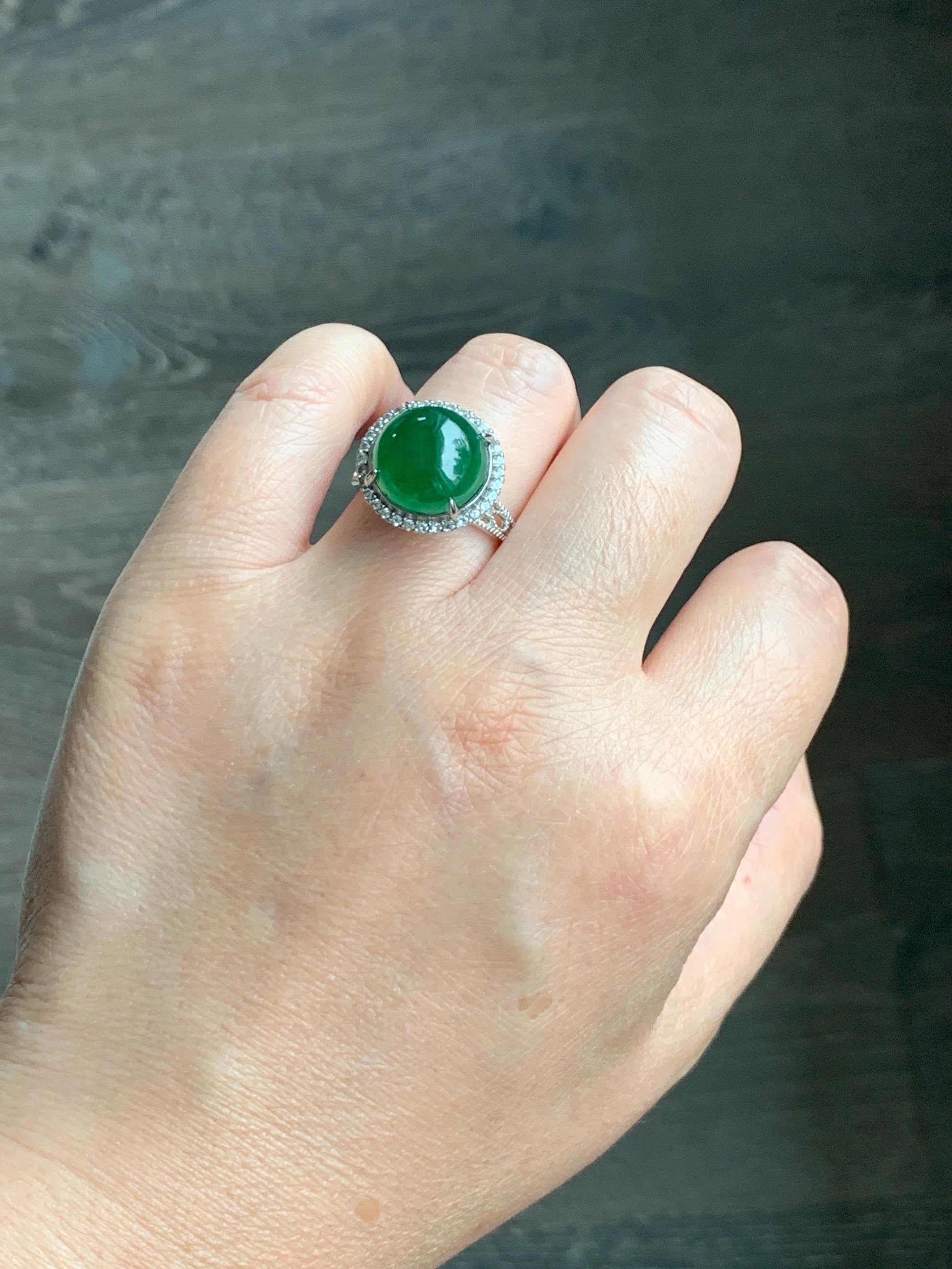 Certified Natural Grade A Guatemalan Icy Translucent Vibrant Green Round Jade Jadeite Ring Sterling Silver Size Adjustable 天然冰危绿翡翠蛋面戒指 9439