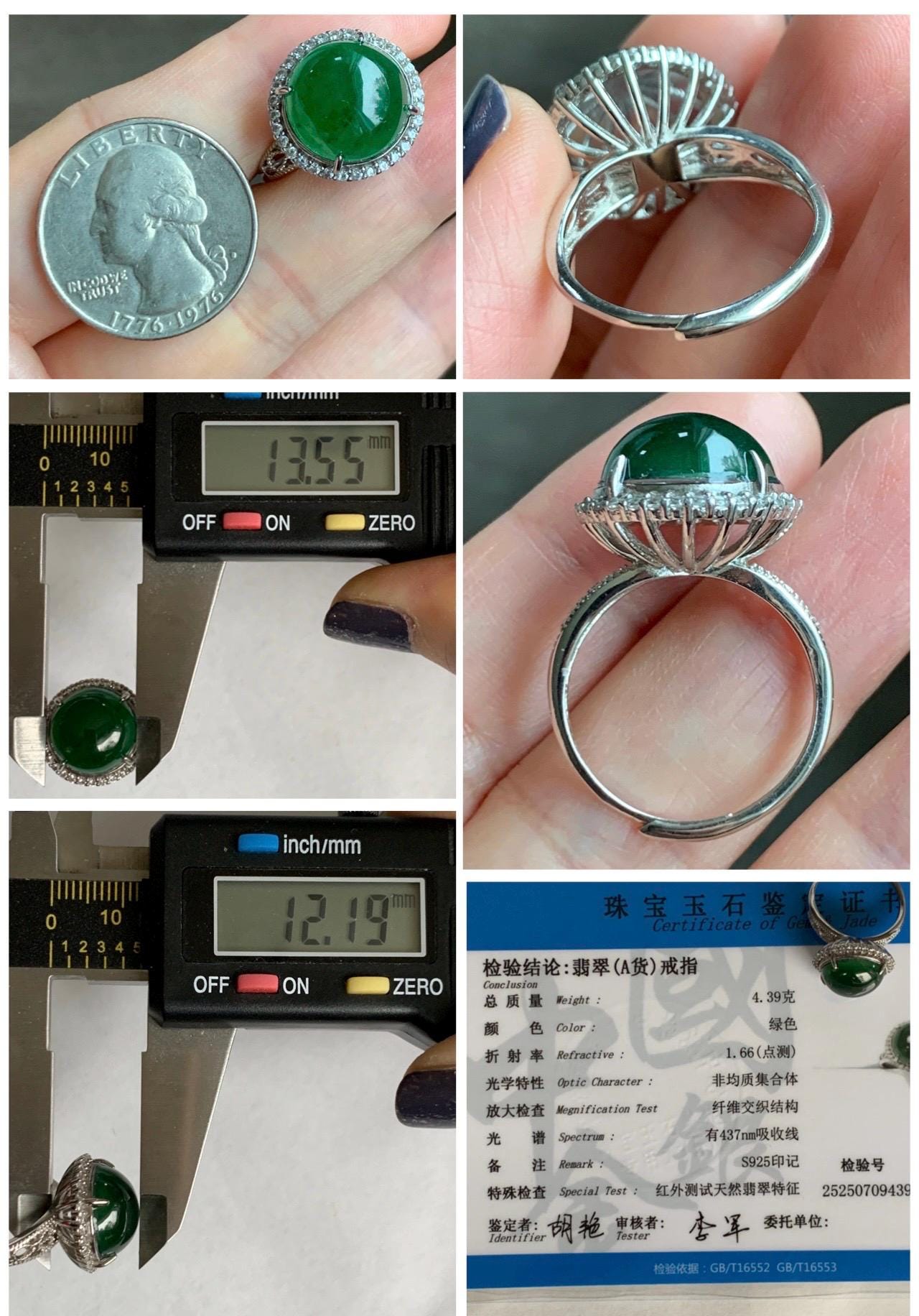 Certified Natural Grade A Guatemalan Icy Translucent Vibrant Green Round Jade Jadeite Ring Sterling Silver Size Adjustable 天然冰危绿翡翠蛋面戒指 9439