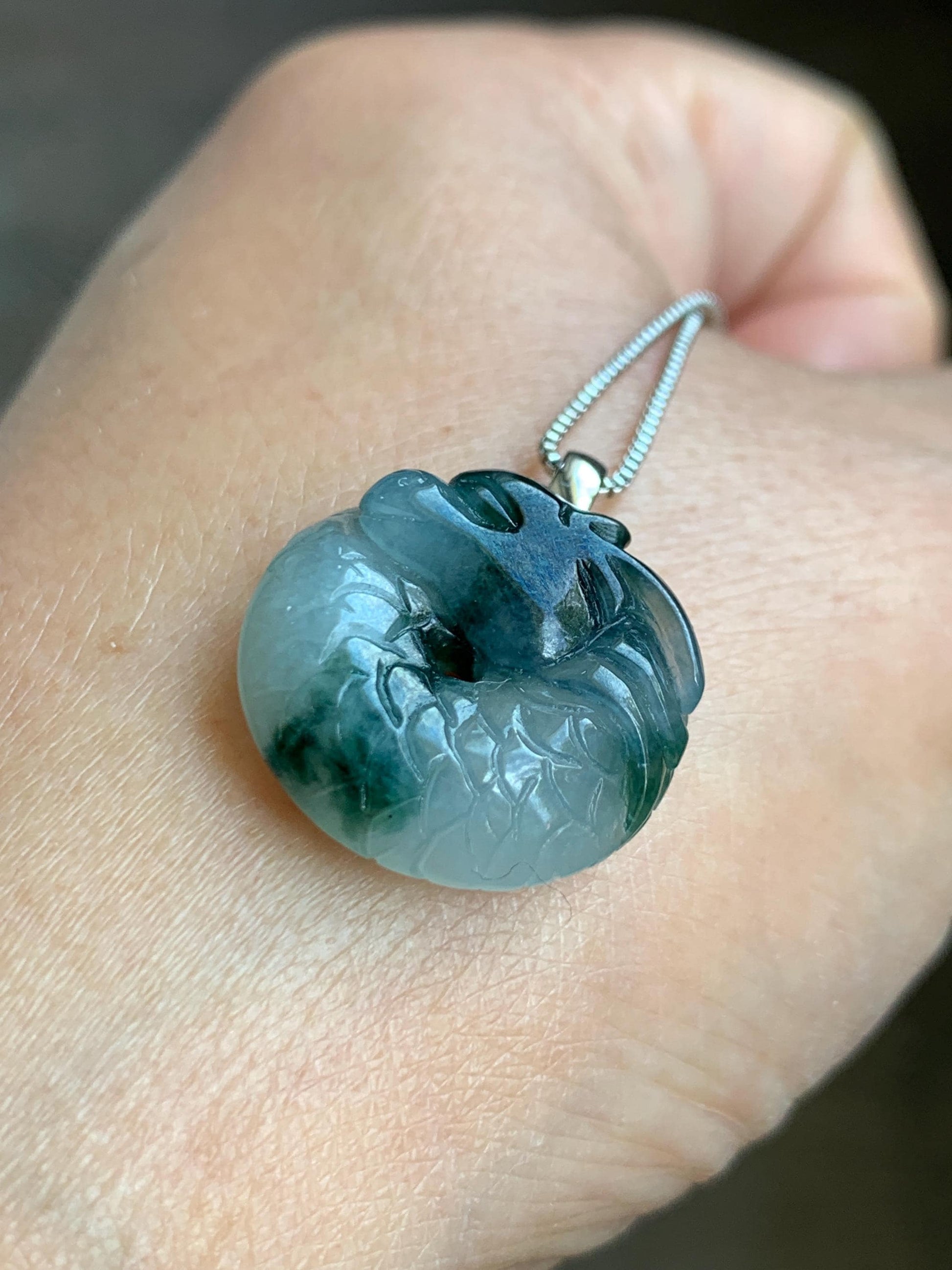Natural Grade A Icy Translucent Gelatinous Teal Marbled Jadeite Dragon Ping An Kou Donut Pendant 18K White Gold 4g 天然冰胶飘蓝花翡翠盘龙平安扣吊坠 MPLK120