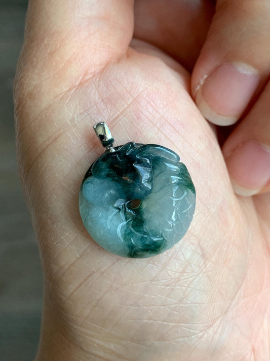 Natural Grade A Icy Translucent Gelatinous Teal Marbled Jadeite Dragon Ping An Kou Donut Pendant 18K White Gold 4g 天然冰胶飘蓝花翡翠盘龙平安扣吊坠 MPLK120