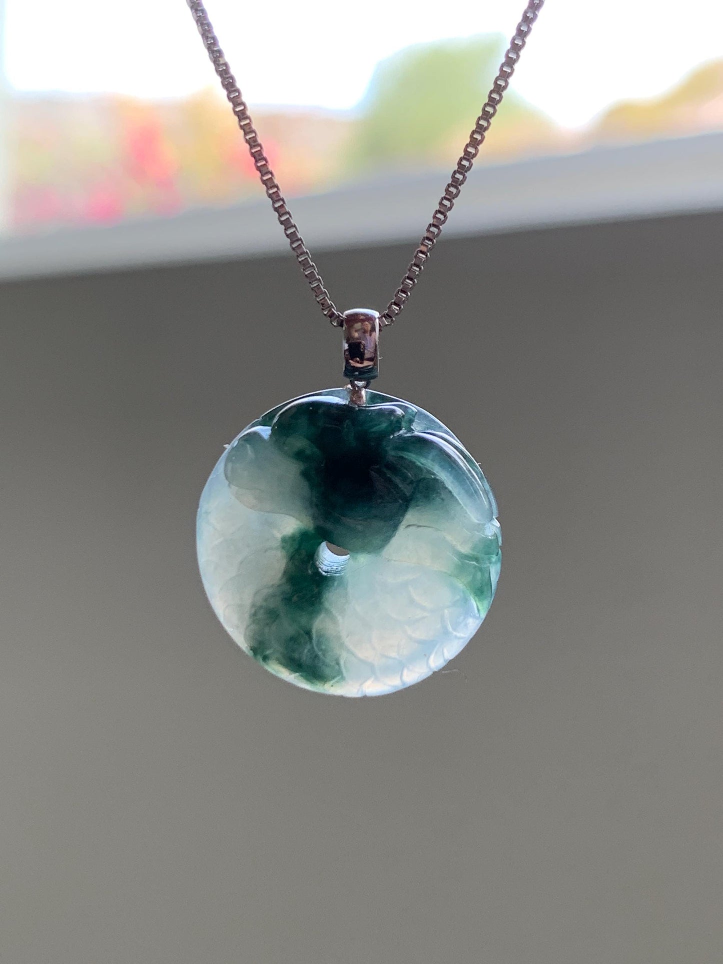 Natural Grade A Icy Translucent Gelatinous Teal Marbled Jadeite Dragon Ping An Kou Donut Pendant 18K White Gold 4g 天然冰胶飘蓝花翡翠盘龙平安扣吊坠 MPLK120