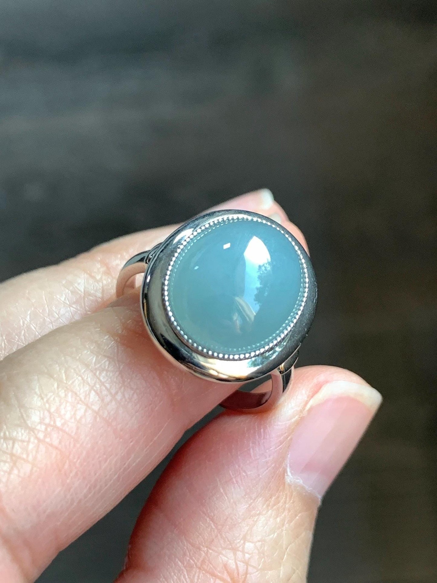 Certified Natural Guatemalan Icy Translucent Dusty Light Blue Jadeite Large Oval Ring Sterling Silver size 7.25 US 4.74g 天然冰胶危浅蓝翡翠镶嵌戒指 7401