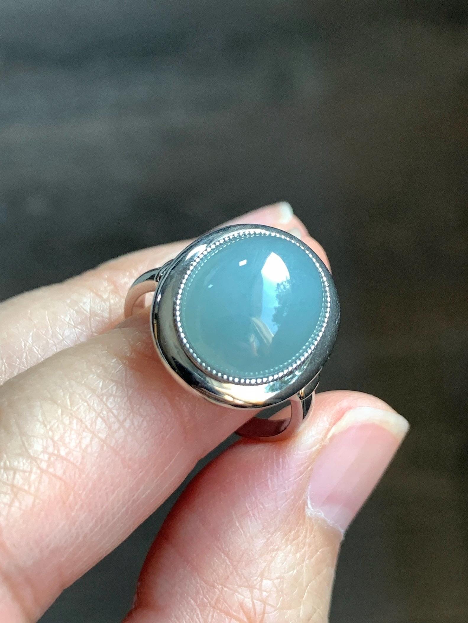 Certified Natural Guatemalan Icy Translucent Dusty Light Blue Jadeite Large Oval Ring Sterling Silver size 7.25 US 4.74g 天然冰胶危浅蓝翡翠镶嵌戒指 7401