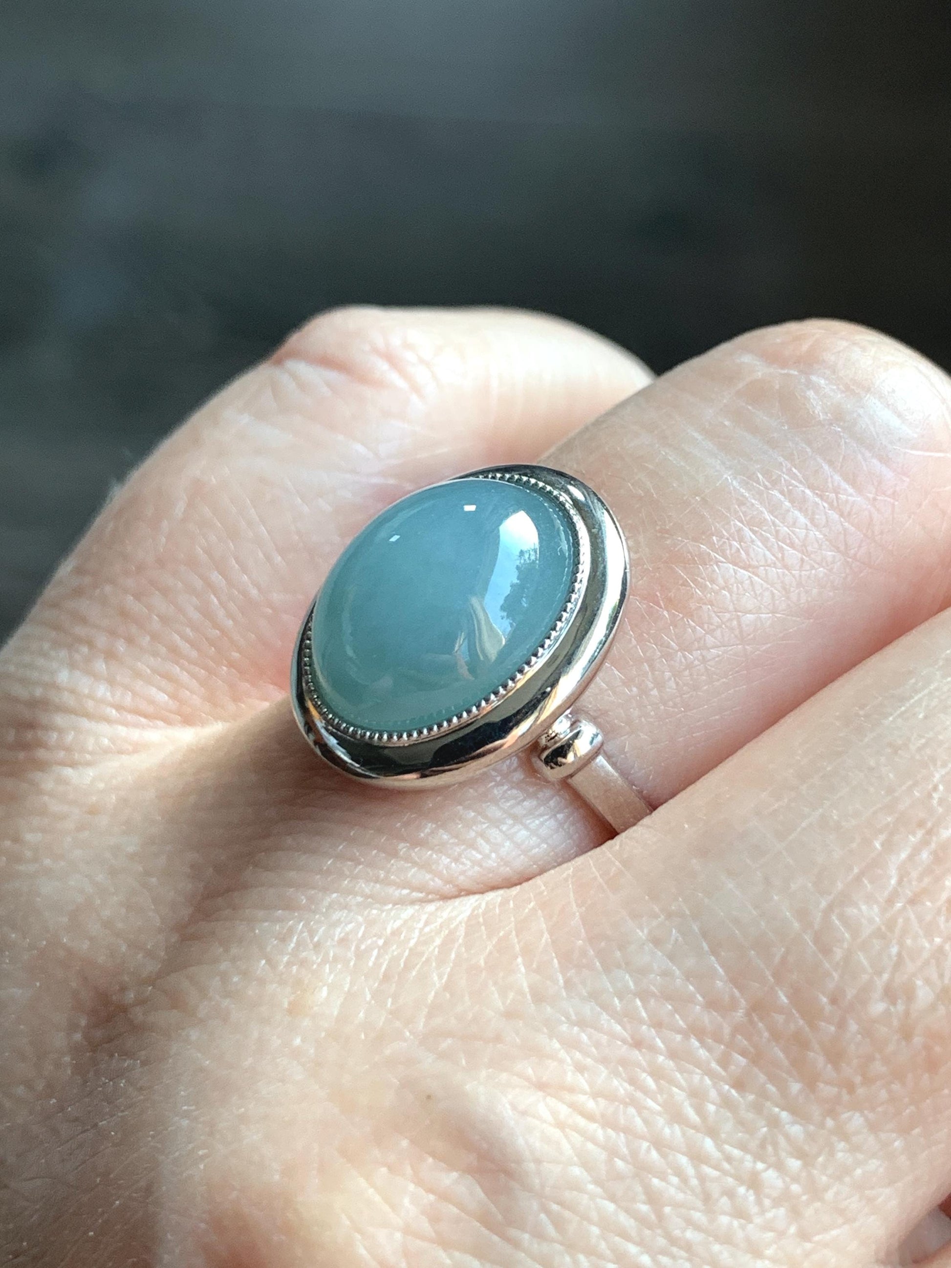 Certified Natural Guatemalan Icy Translucent Dusty Light Blue Jadeite Large Oval Ring Sterling Silver size 7.25 US 4.74g 天然冰胶危浅蓝翡翠镶嵌戒指 7401