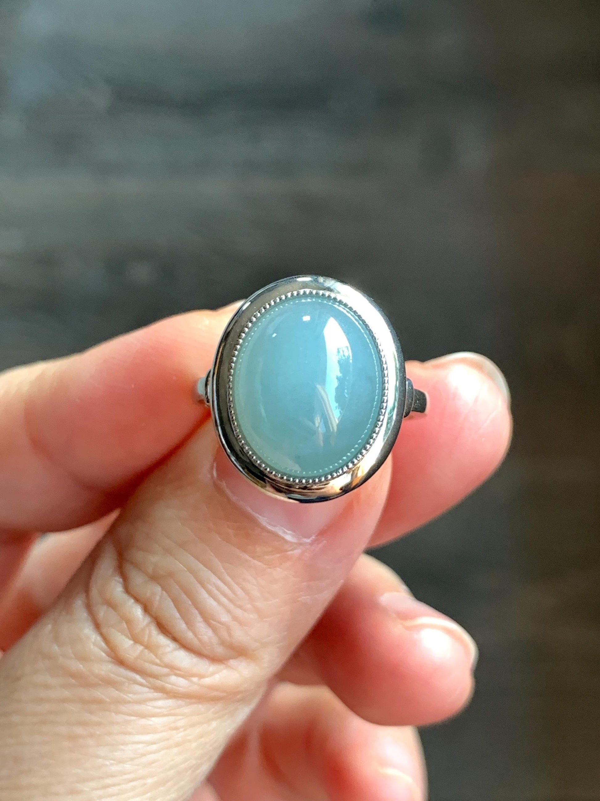 Certified Natural Guatemalan Icy Translucent Dusty Light Blue Jadeite Large Oval Ring Sterling Silver size 7.25 US 4.74g 天然冰胶危浅蓝翡翠镶嵌戒指 7401