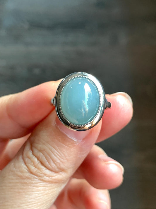 Certified Natural Guatemalan Icy Translucent Dusty Light Blue Jadeite Large Oval Ring Sterling Silver size 7.25 US 4.74g 天然冰胶危浅蓝翡翠镶嵌戒指 7401
