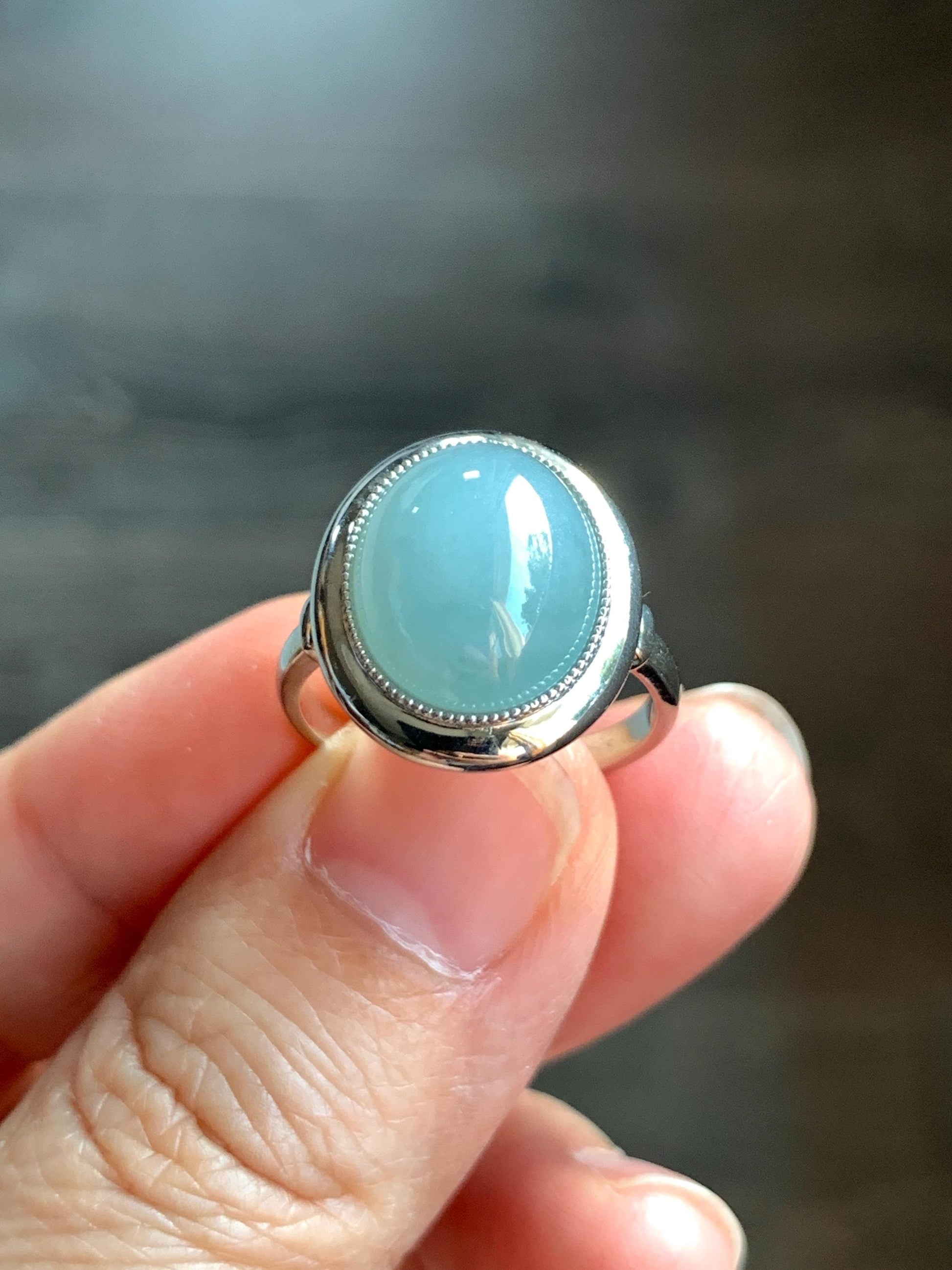 Certified Natural Guatemalan Icy Translucent Dusty Light Blue Jadeite Large Oval Ring Sterling Silver size 7.25 US 4.74g 天然冰胶危浅蓝翡翠镶嵌戒指 7401