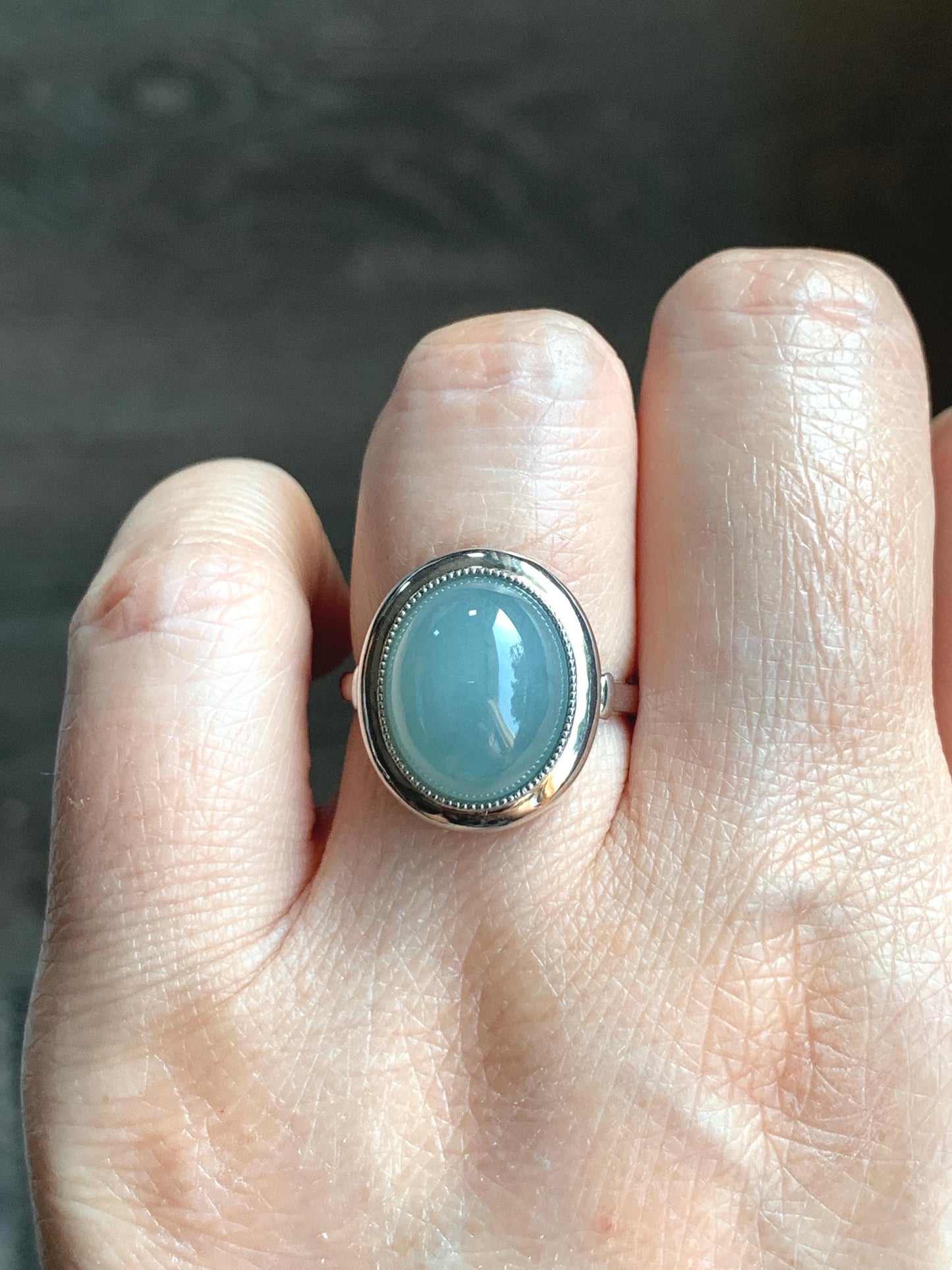 Certified Natural Guatemalan Icy Translucent Dusty Light Blue Jadeite Large Oval Ring Sterling Silver size 7.25 US 4.74g 天然冰胶危浅蓝翡翠镶嵌戒指 7401